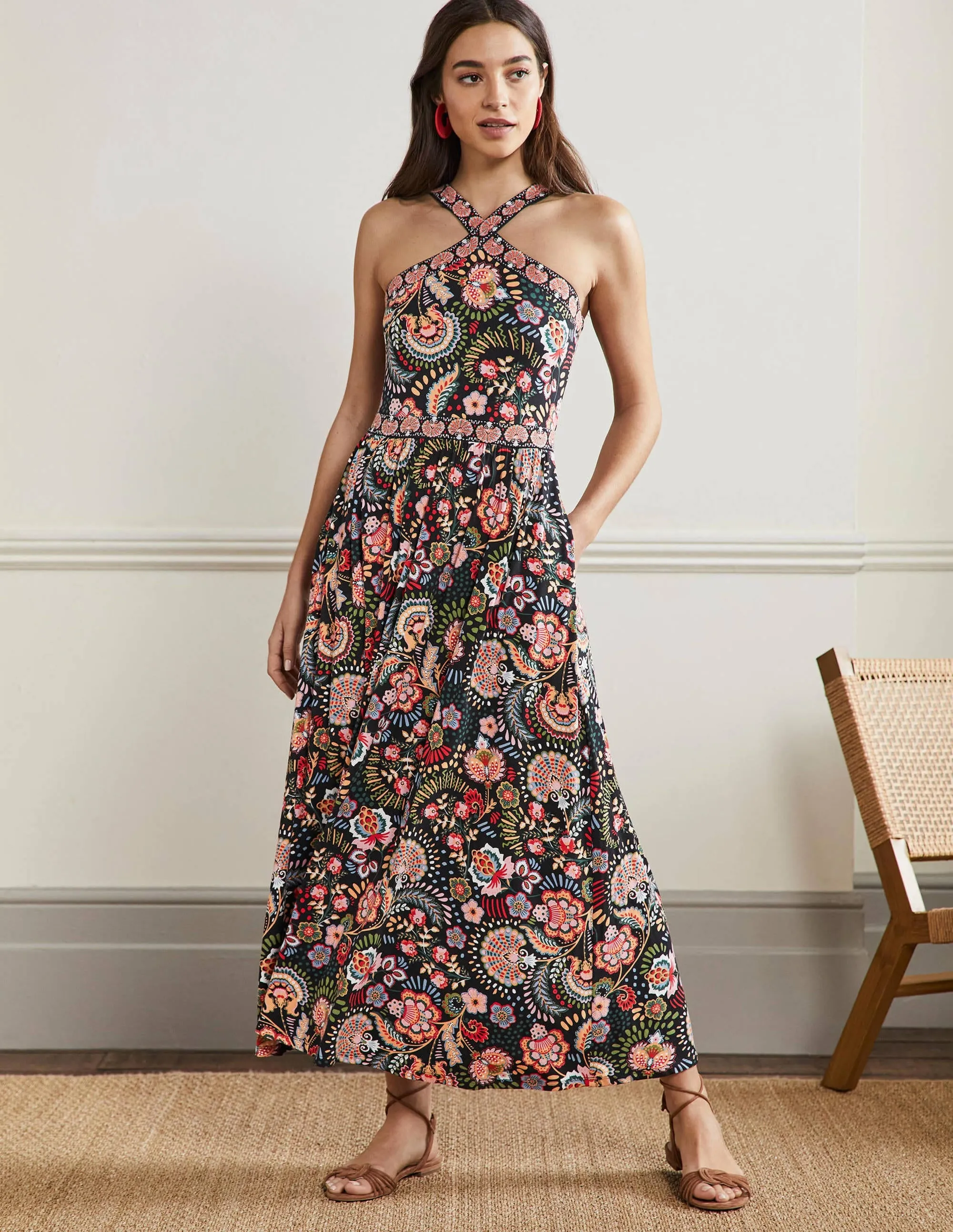 Halterneck Jersey Maxi Dress-Black Decorative Meadow