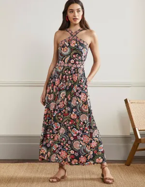 Halterneck Jersey Maxi Dress-Black Decorative Meadow