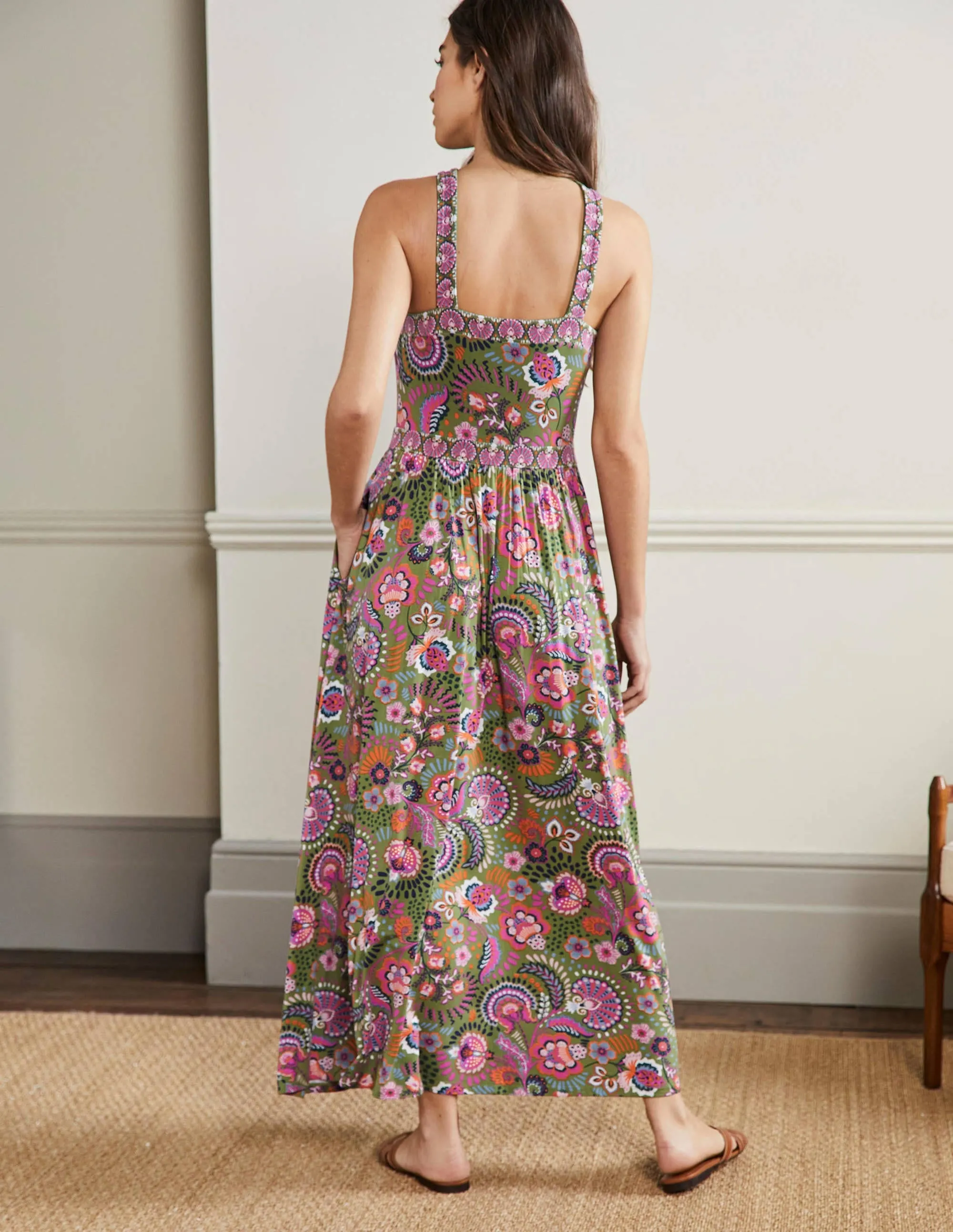 Halterneck Jersey Maxi Dress-Pea Decorative Meadow