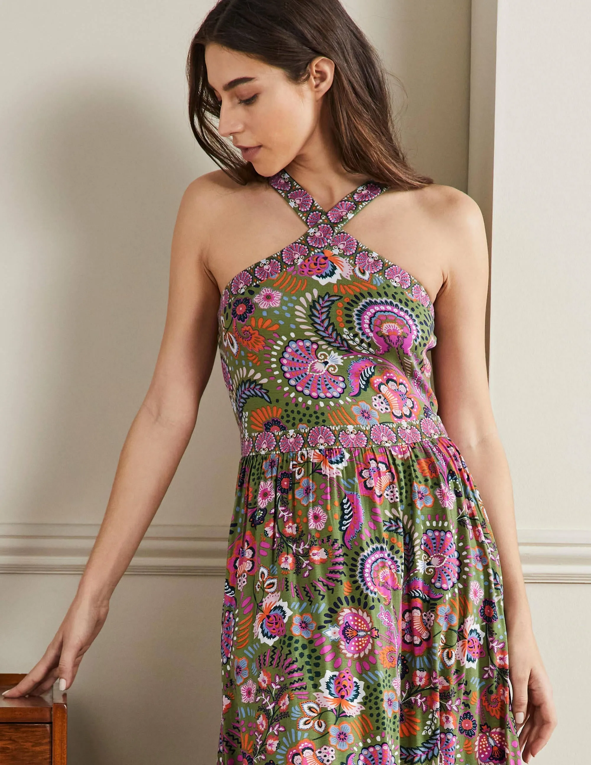 Halterneck Jersey Maxi Dress-Pea Decorative Meadow