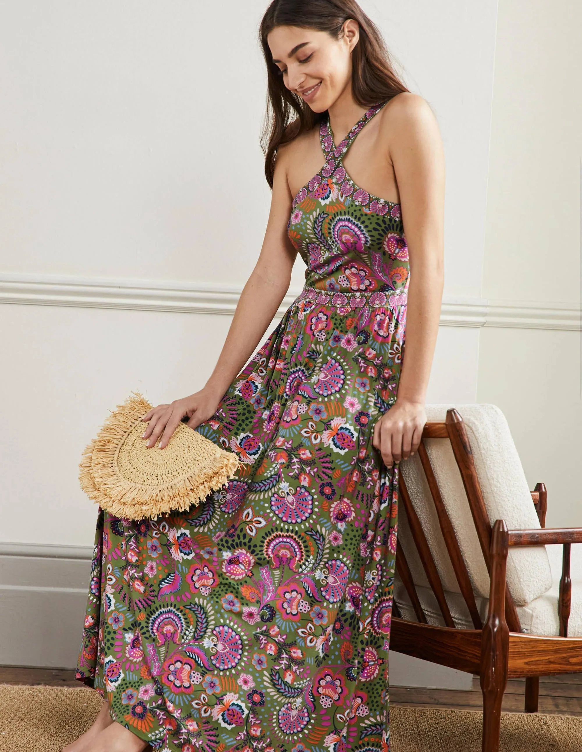 Halterneck Jersey Maxi Dress-Pea Decorative Meadow