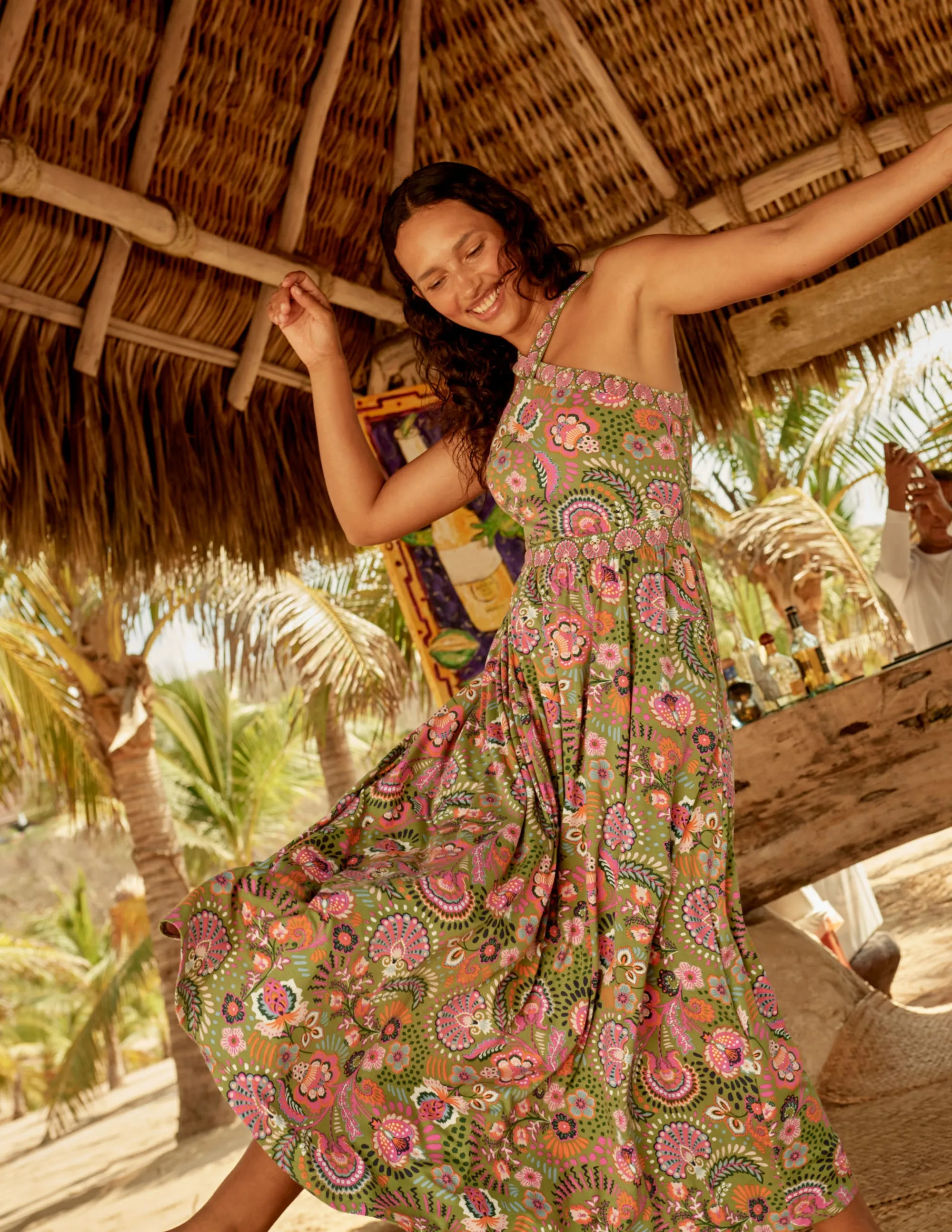 Halterneck Jersey Maxi Dress-Pea Decorative Meadow