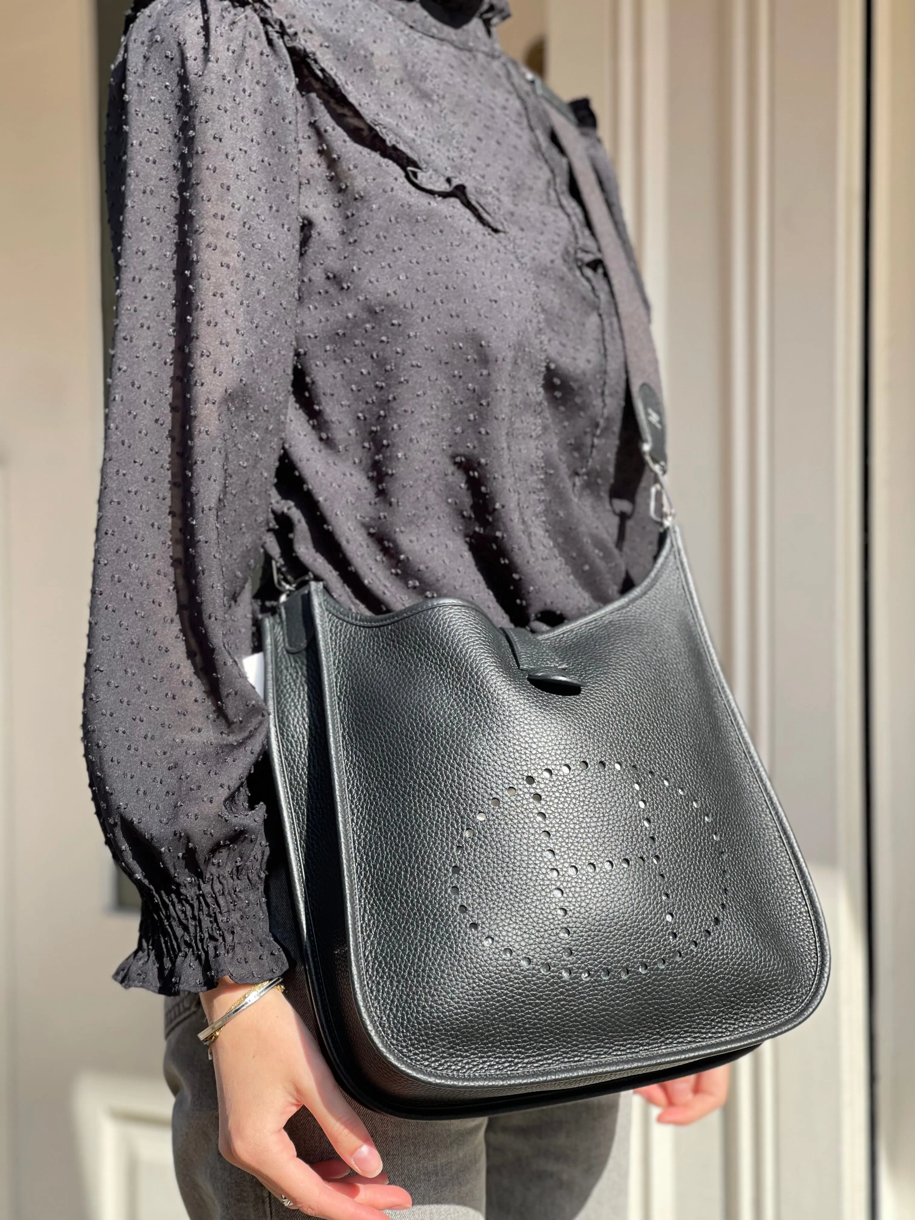 Hermes Black Leather Medium Evelyne Crossbody