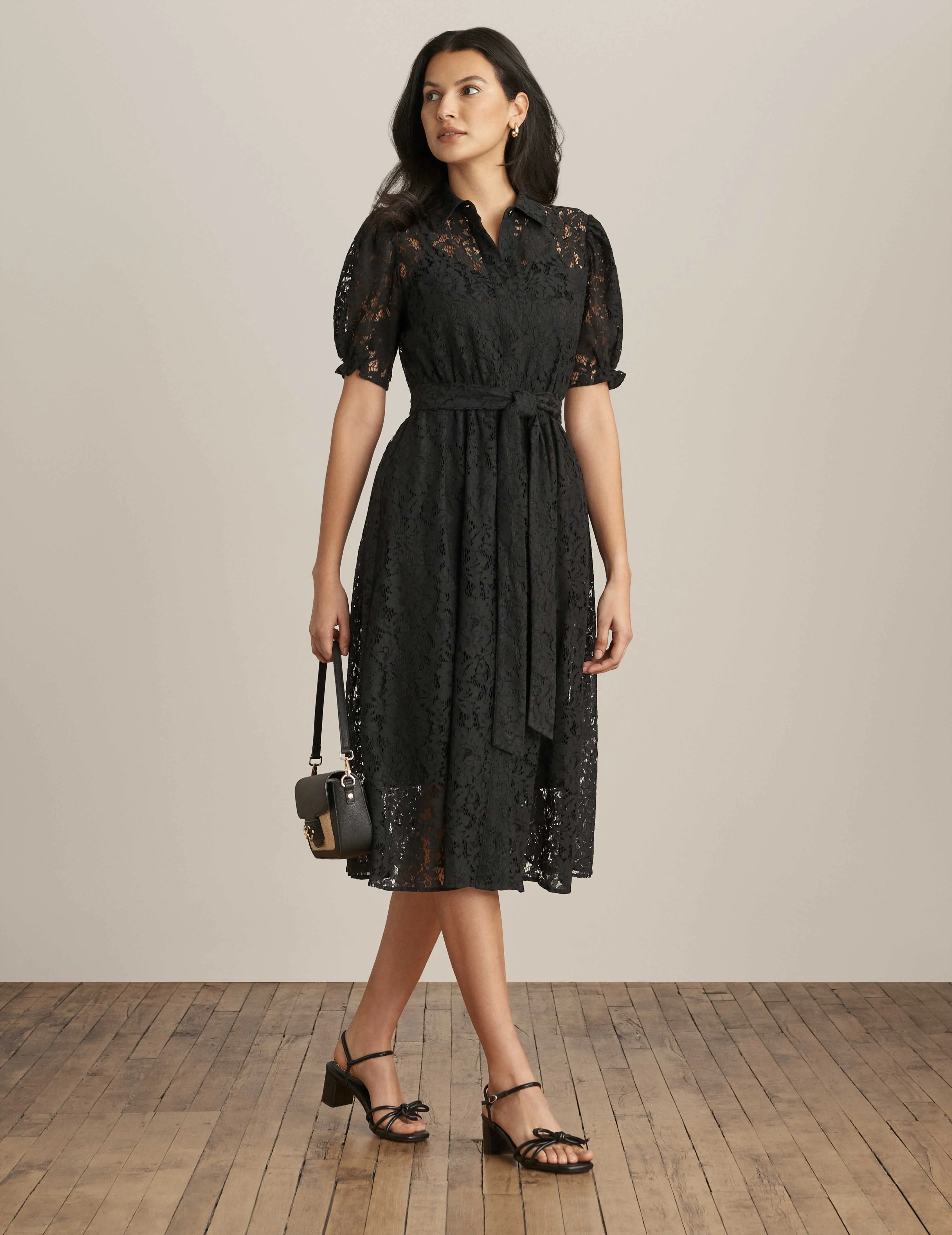 Lace Midi Dress With Puff Sleeves  - Sale