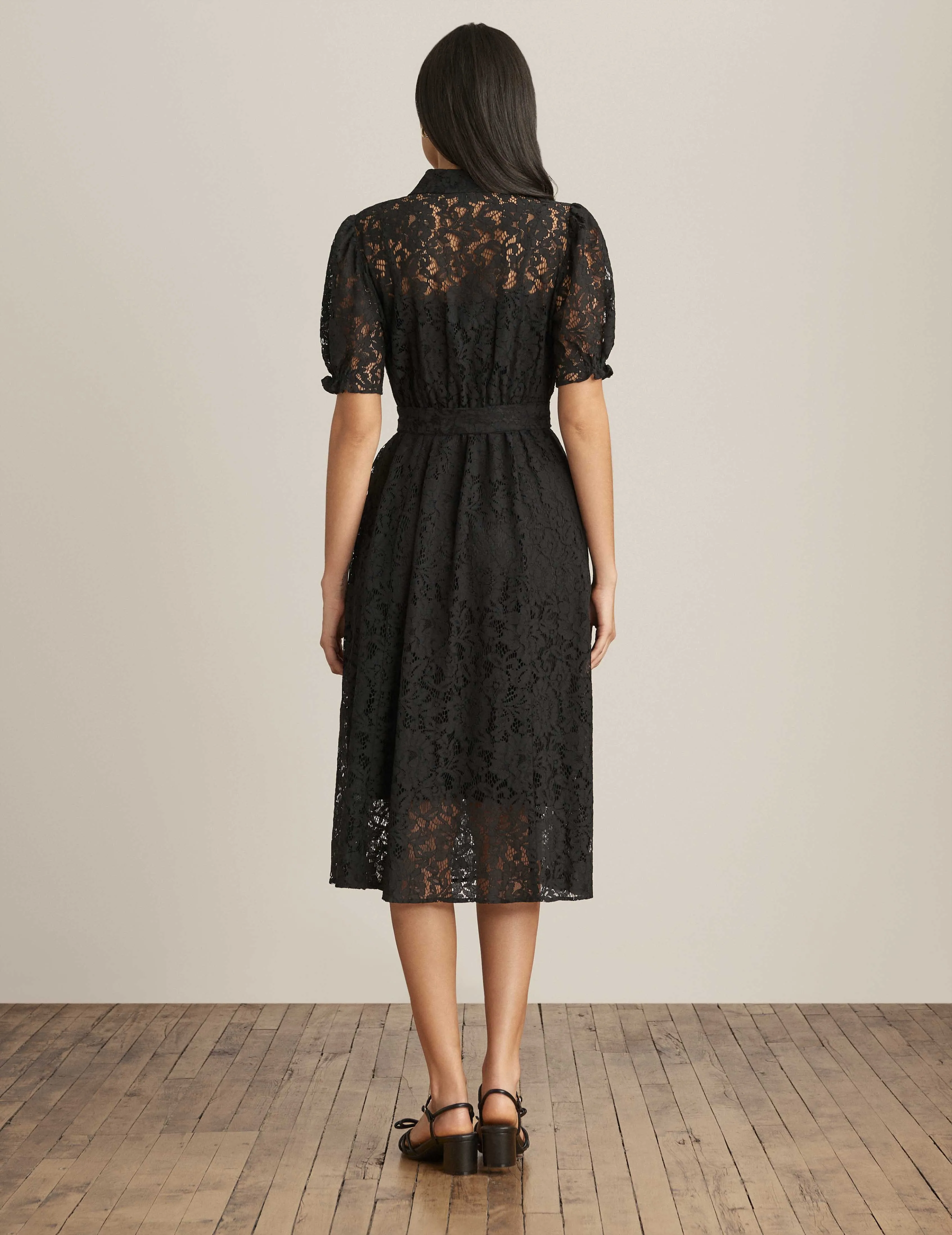 Lace Midi Dress With Puff Sleeves  - Sale
