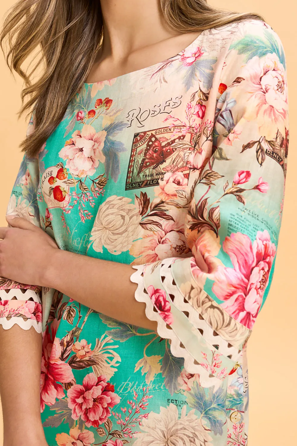 Linen Cuff Detail Top - French Bouquet Print