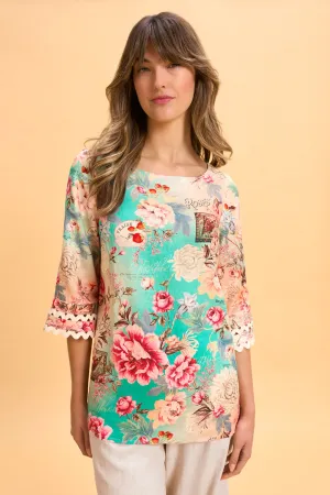 Linen Cuff Detail Top - French Bouquet Print