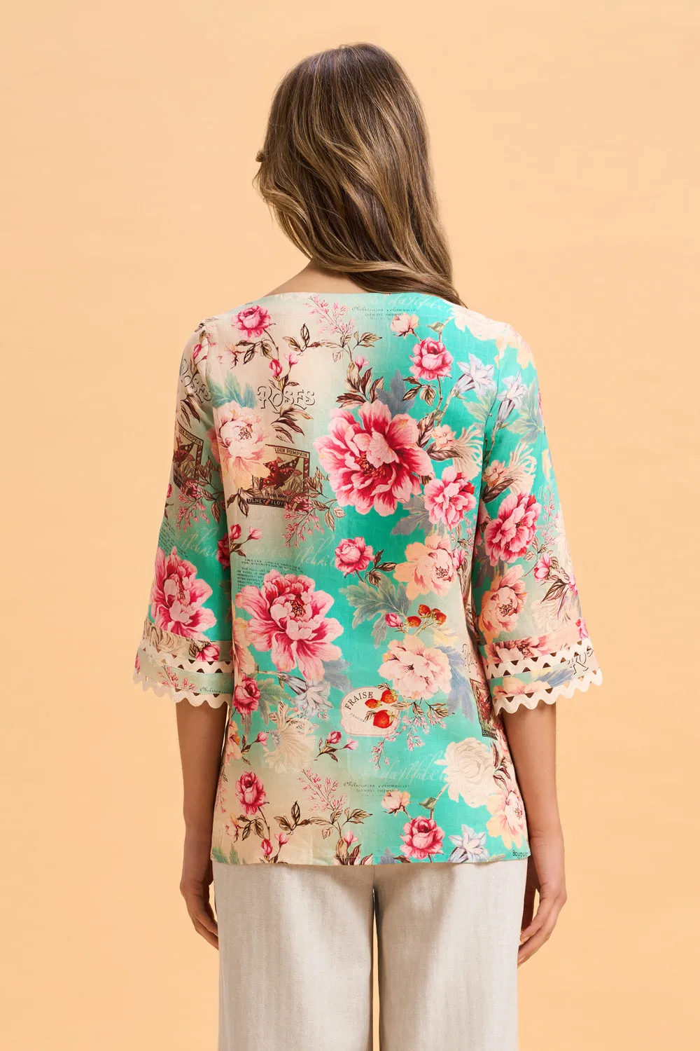 Linen Cuff Detail Top - French Bouquet Print