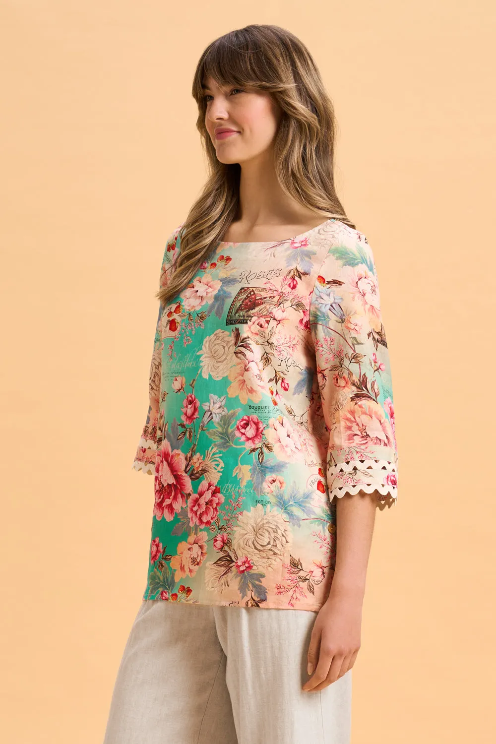 Linen Cuff Detail Top - French Bouquet Print