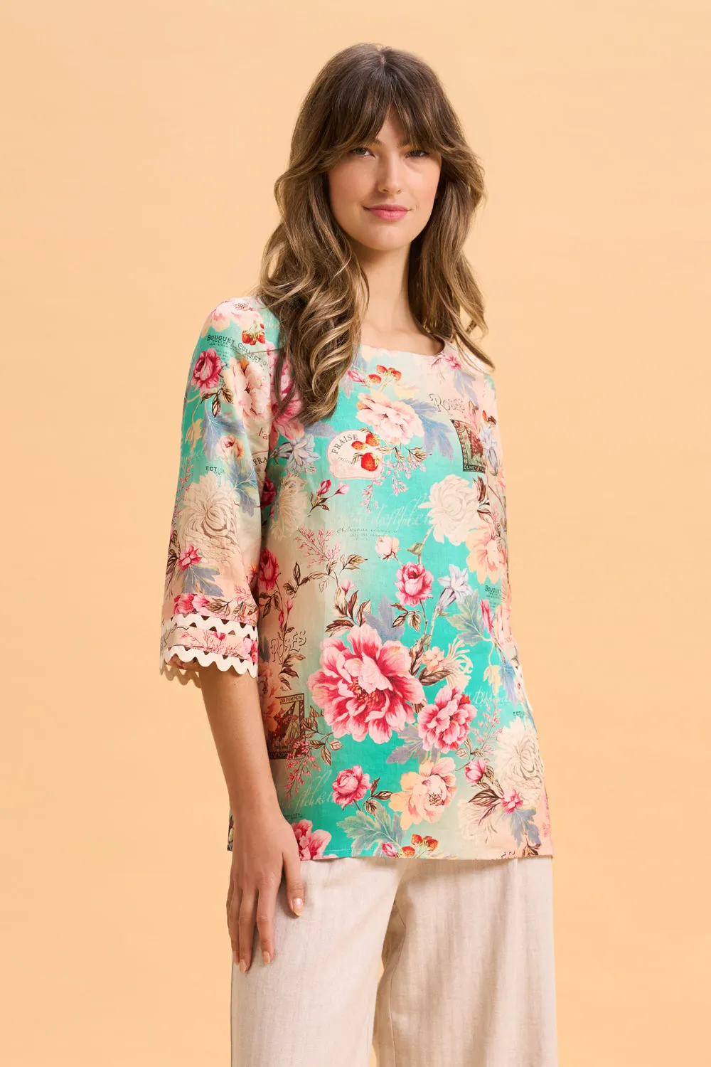 Linen Cuff Detail Top - French Bouquet Print