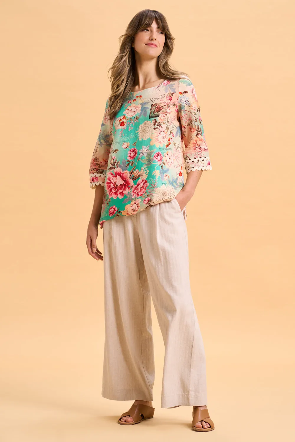 Linen Cuff Detail Top - French Bouquet Print
