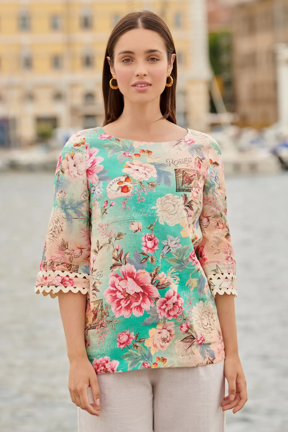Linen Cuff Detail Top - French Bouquet Print