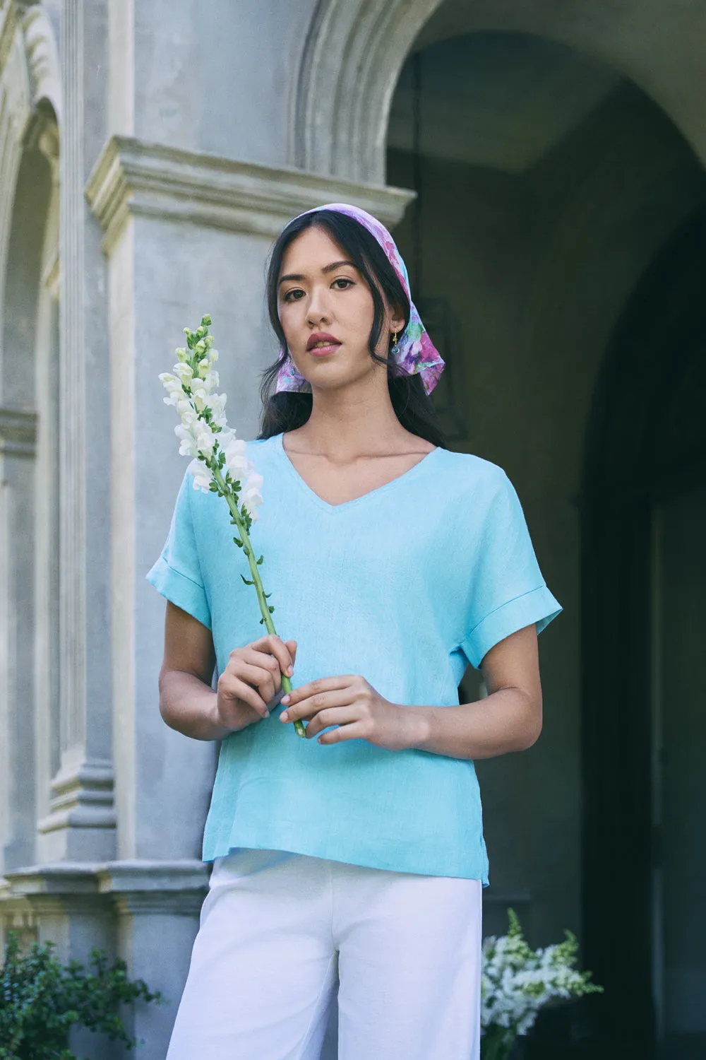 Linen Mix V-Neck Top - Blue Lake