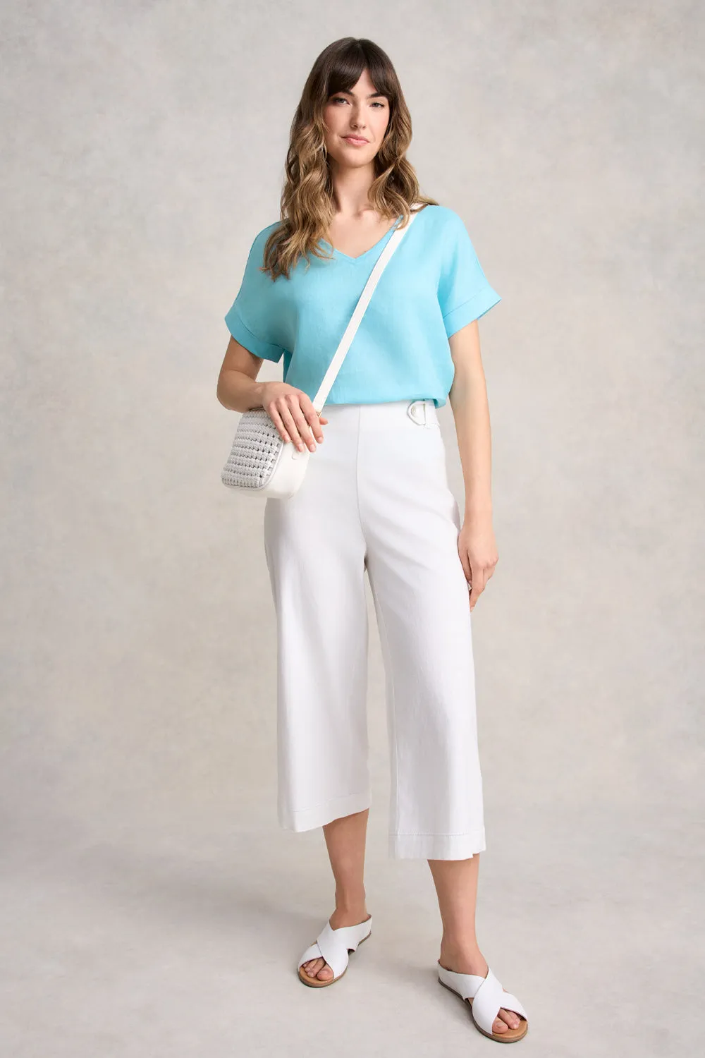 Linen Mix V-Neck Top - Blue Lake