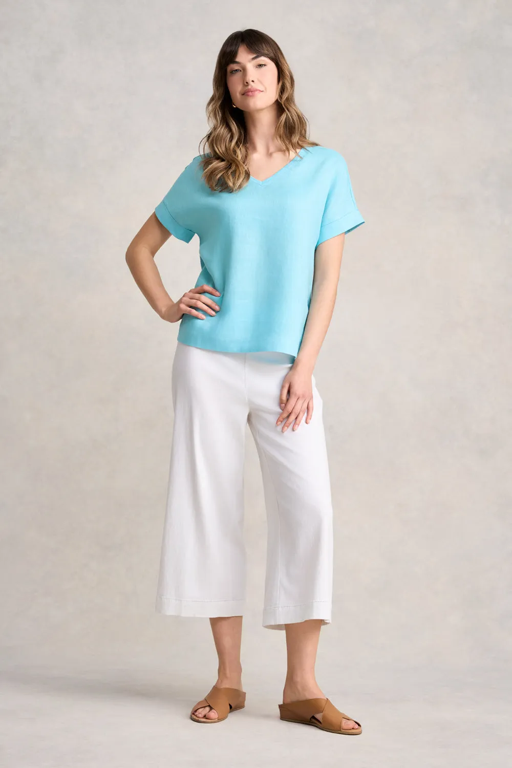Linen Mix V-Neck Top - Blue Lake