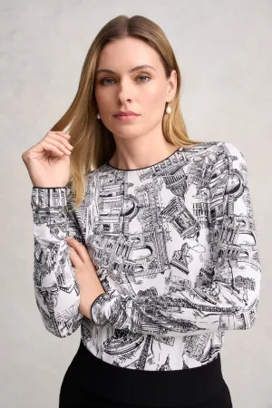 Long Sleeve Crew Neck Top - France Capital Print