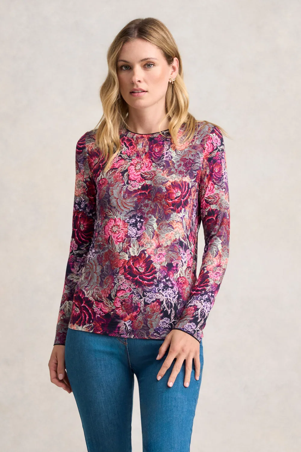 Long Sleeve Crew Neck Top - Winter Rose Print