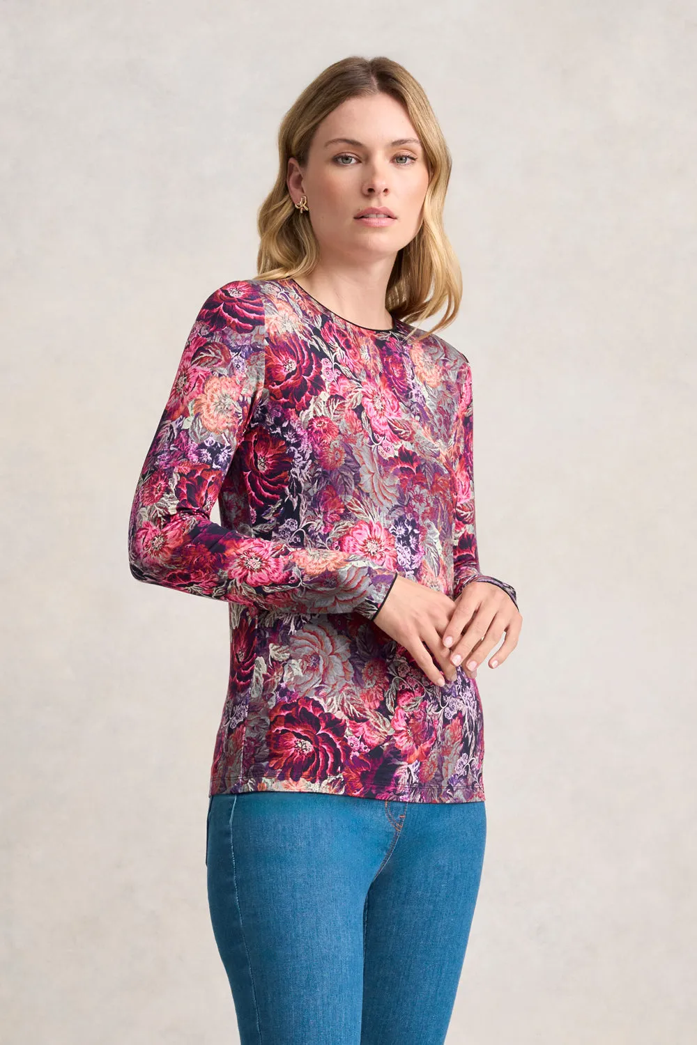 Long Sleeve Crew Neck Top - Winter Rose Print