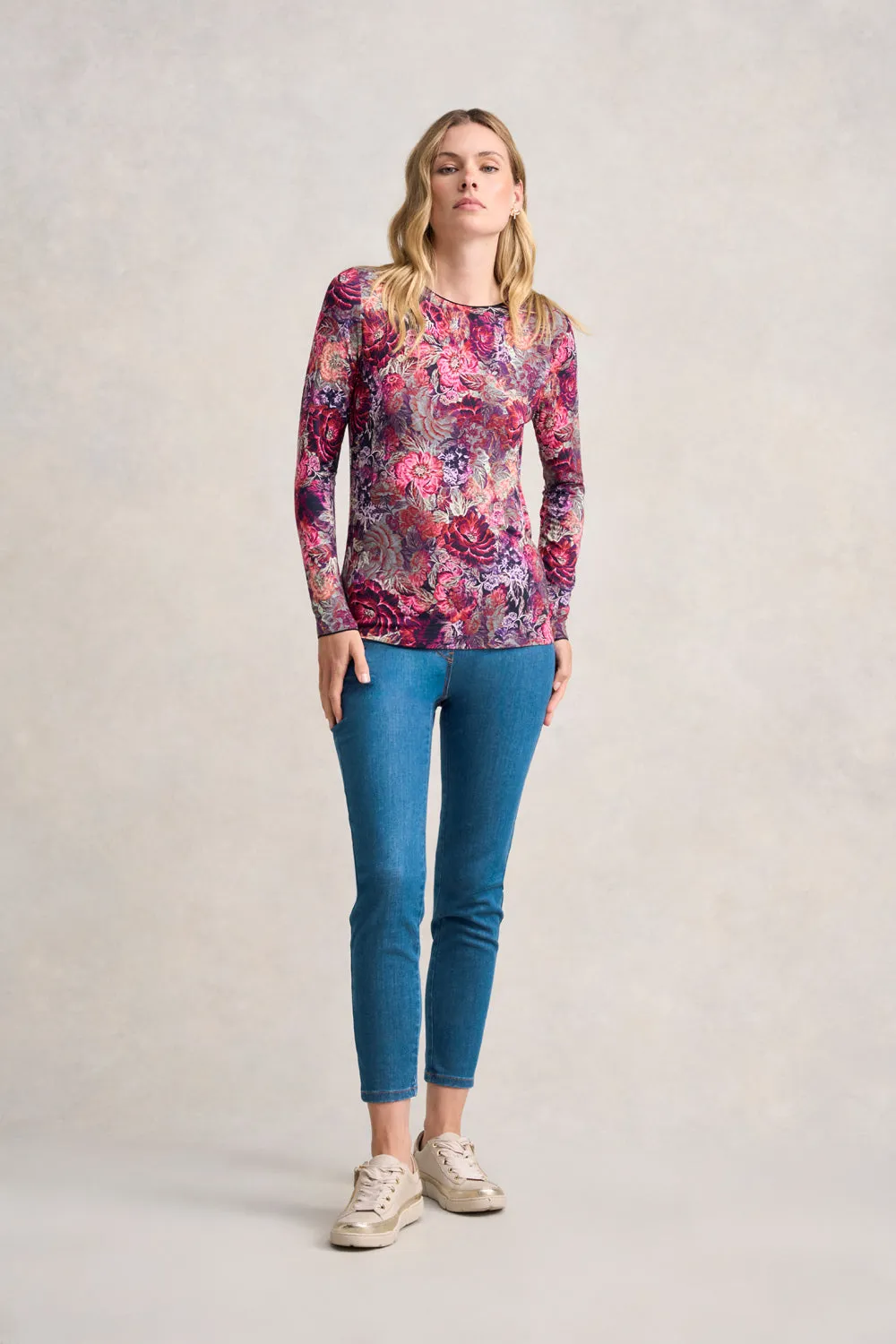 Long Sleeve Crew Neck Top - Winter Rose Print