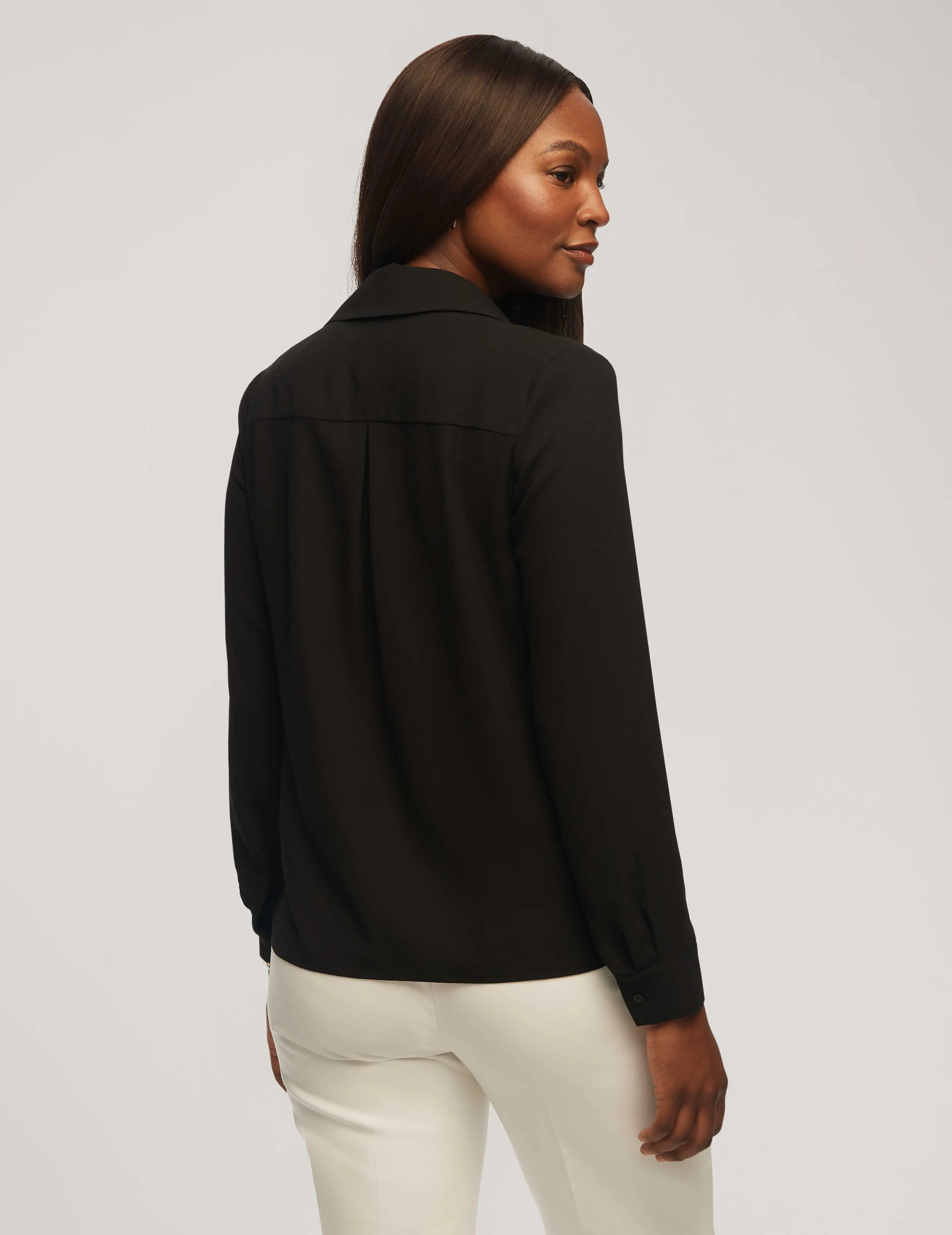 Long Sleeve Crossover Blouse With Collar- Sale