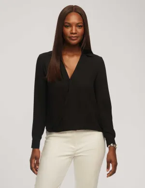 Long Sleeve Crossover Blouse With Collar- Sale