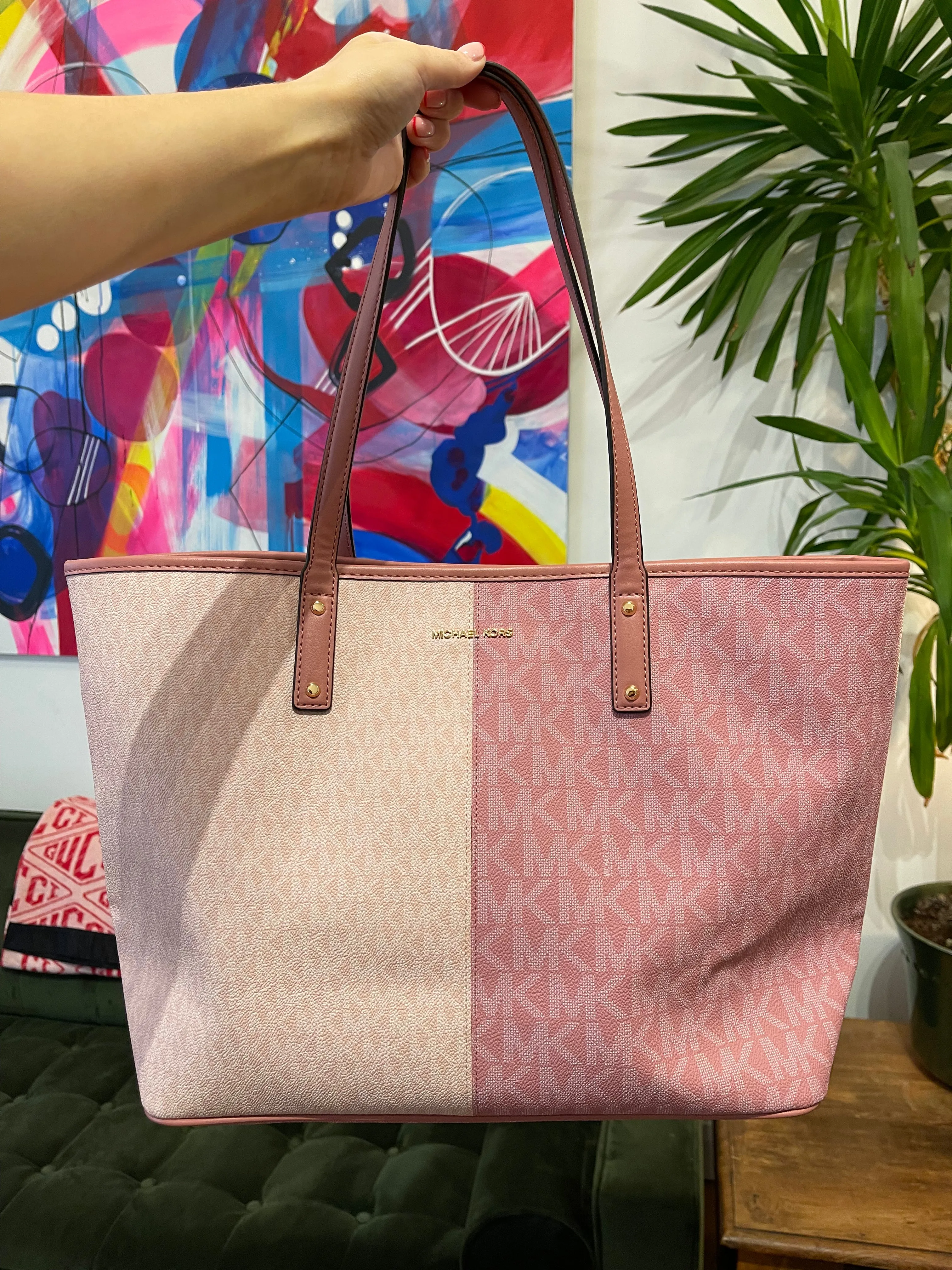 Michael Kors Two Tone Pink Canvas Jet Set Tote