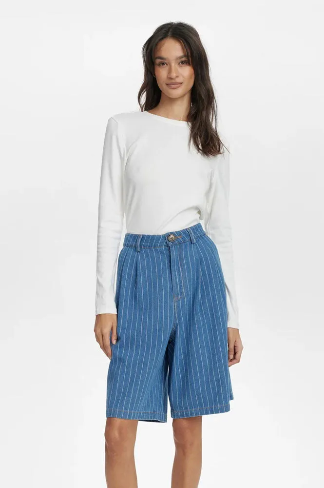 Numph Lucie Blue Denim Stripe Shorts