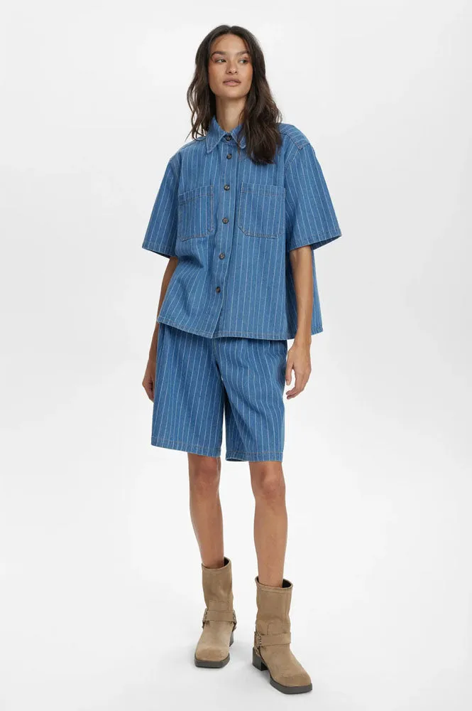 Numph Lucie Blue Denim Stripe Shorts