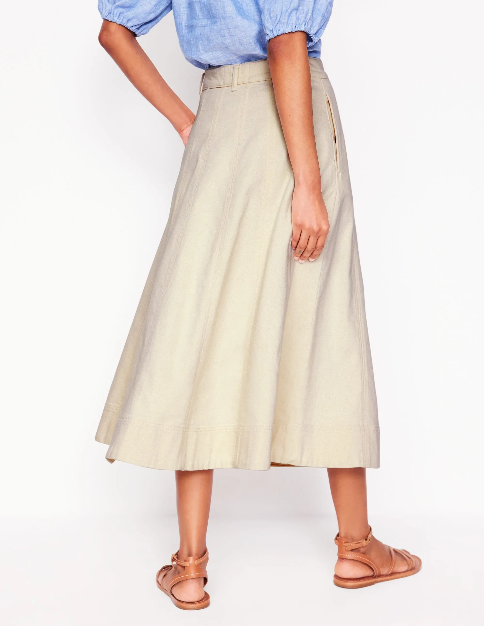 Panelled Full Denim Skirt-Ecru