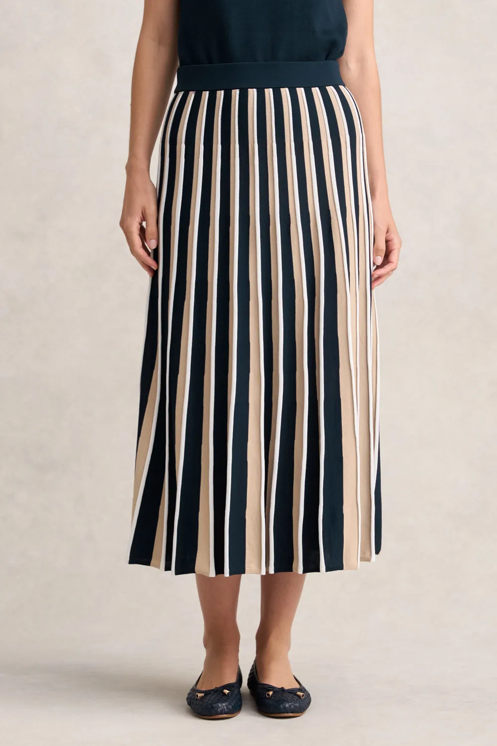 Pleated Knit Skirt - Deep Navy Stripe