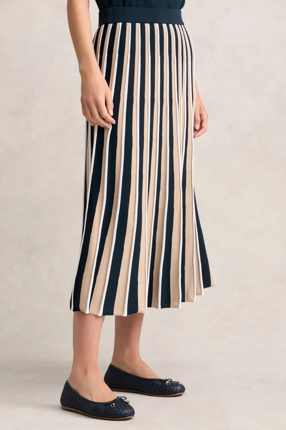 Pleated Knit Skirt - Deep Navy Stripe