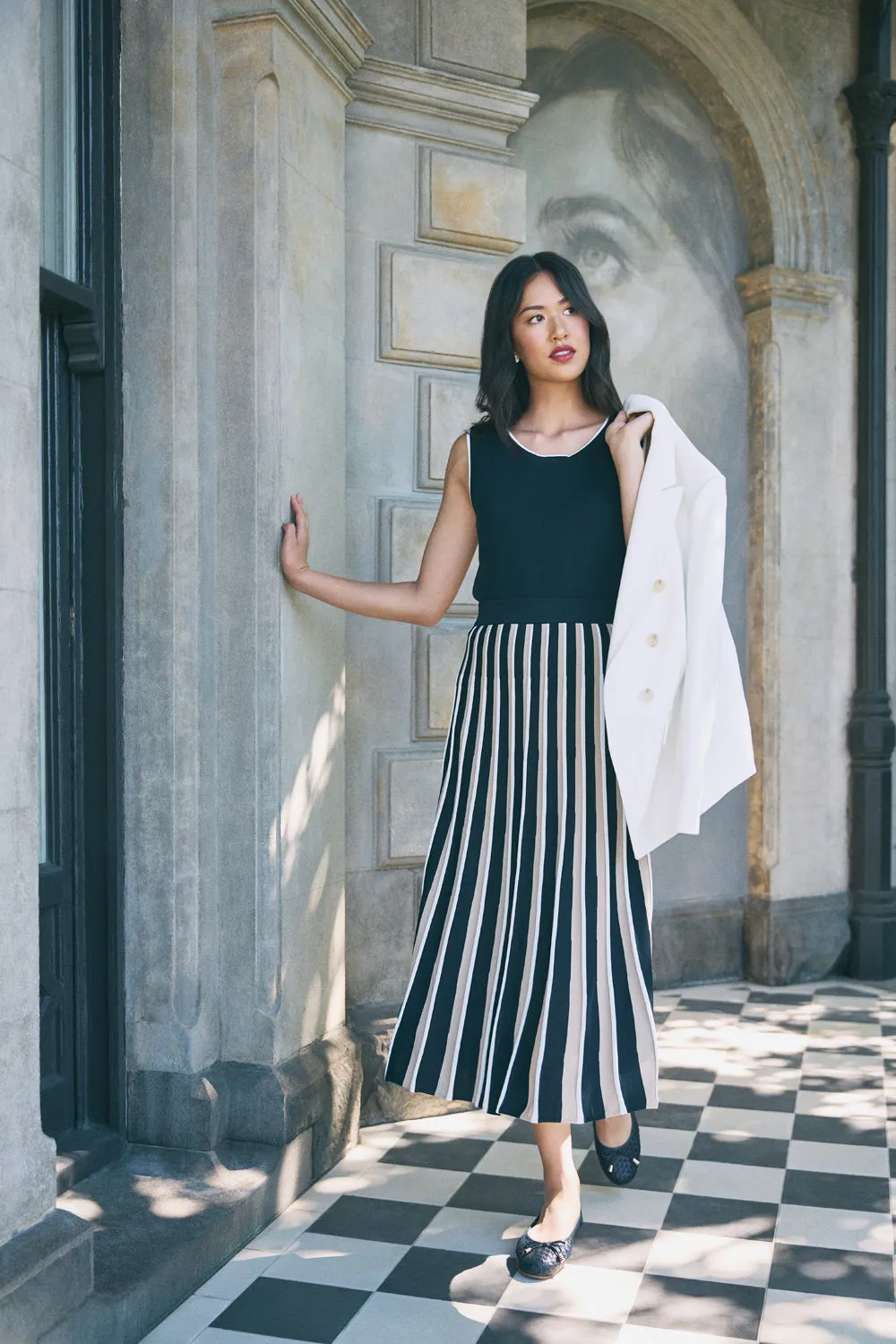 Pleated Knit Skirt - Deep Navy Stripe