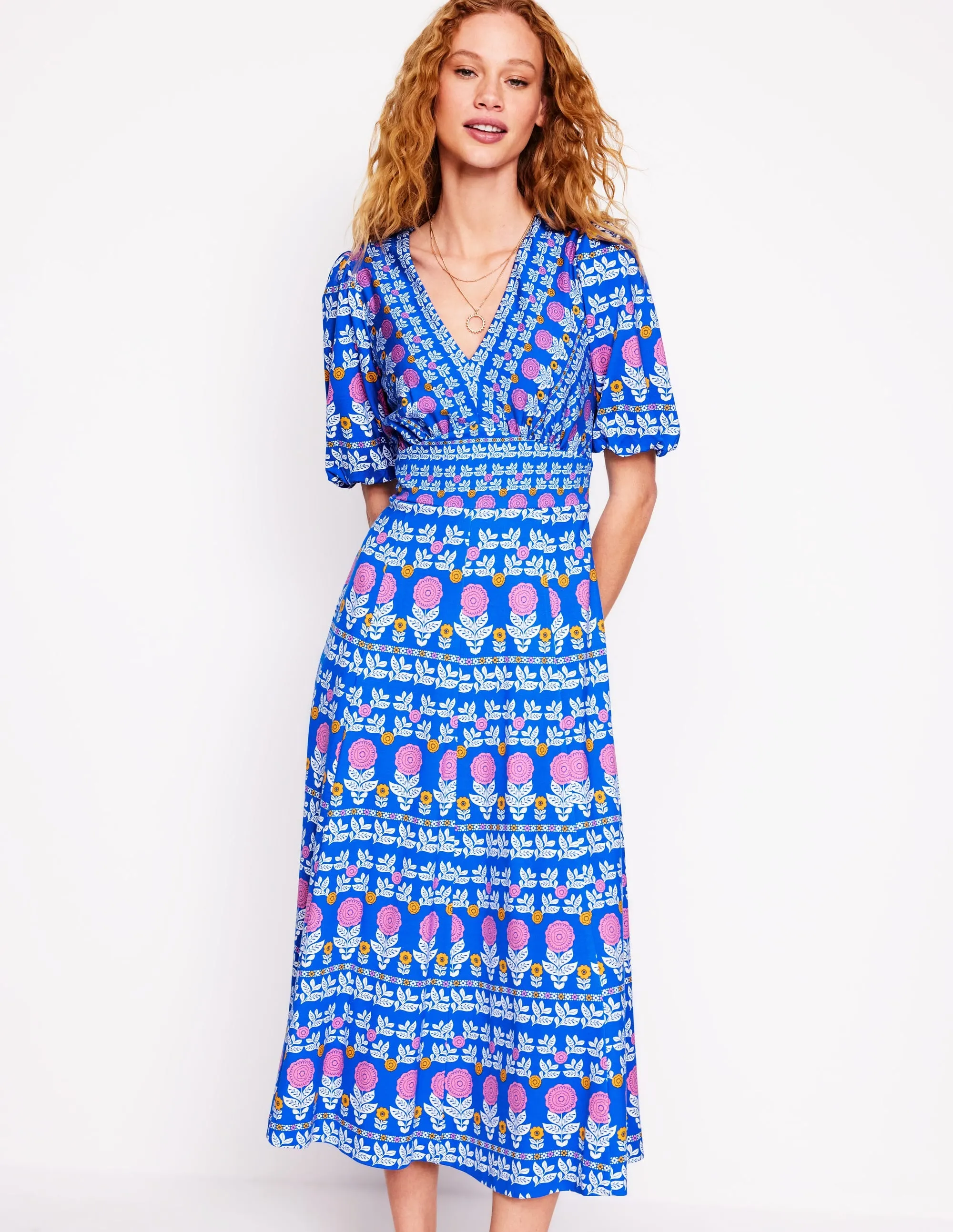 Ponte Puff Sleeve Tea Dress-Gallery Blue. Dahlia Garden