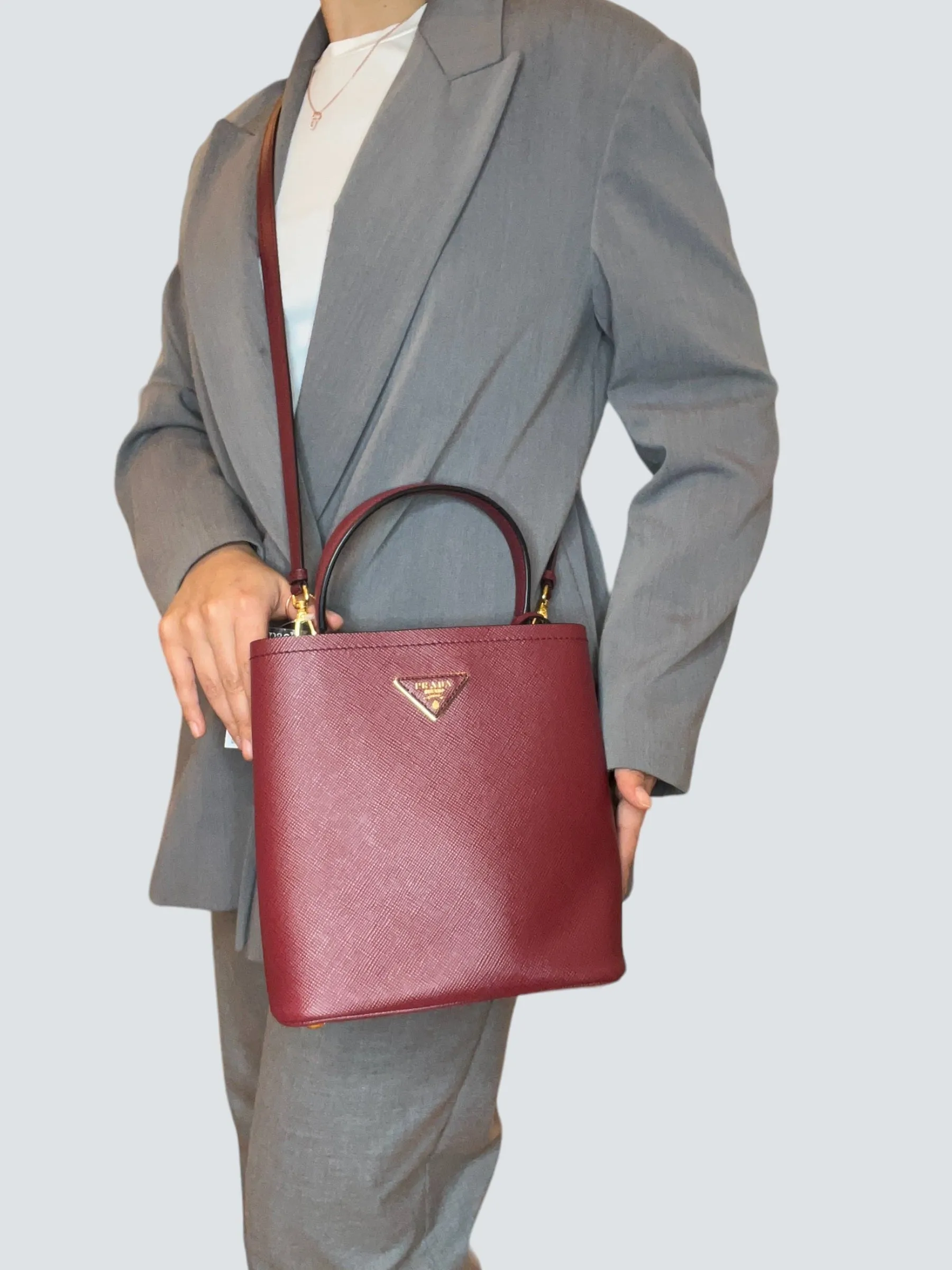 Prada Burgundy Saffiano Leather Medium Panier Shoulder Bag
