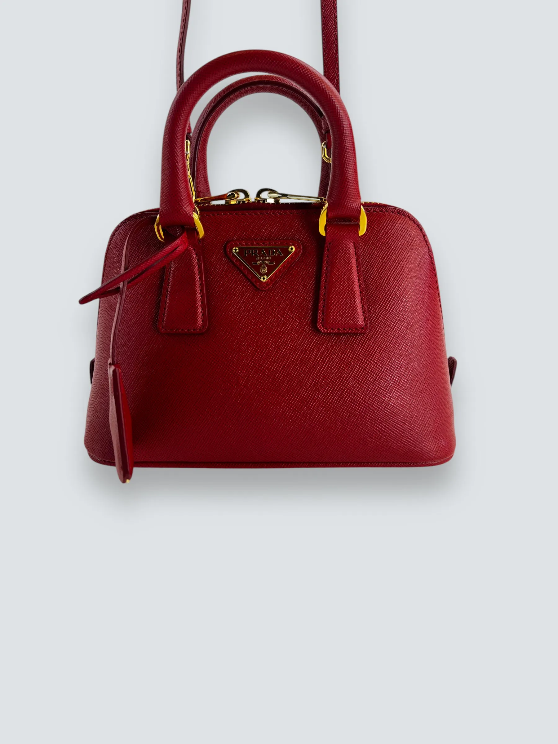 Prada Red Saffiano Leather Mini Double Zip Crossbody