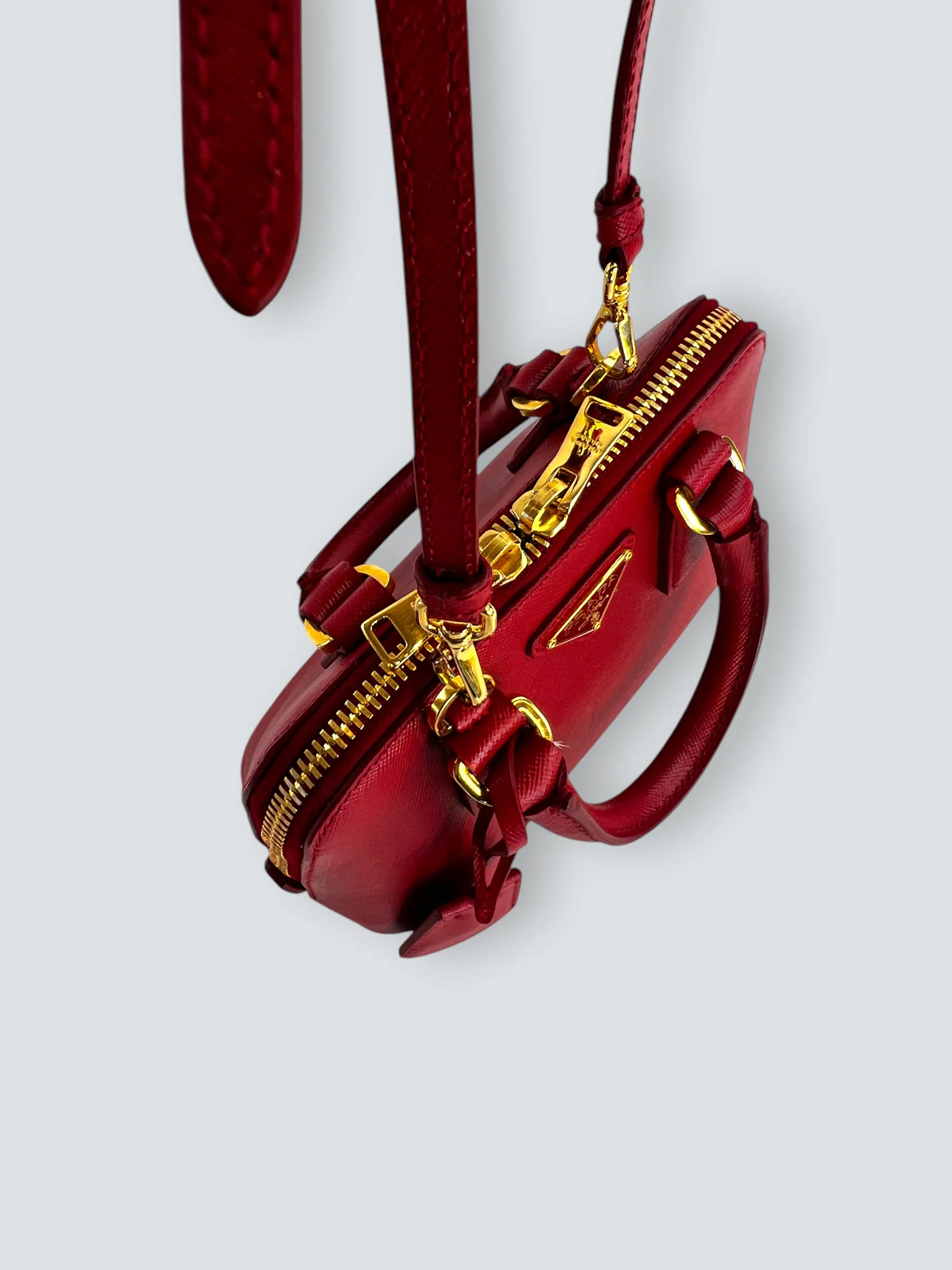 Prada Red Saffiano Leather Mini Double Zip Crossbody