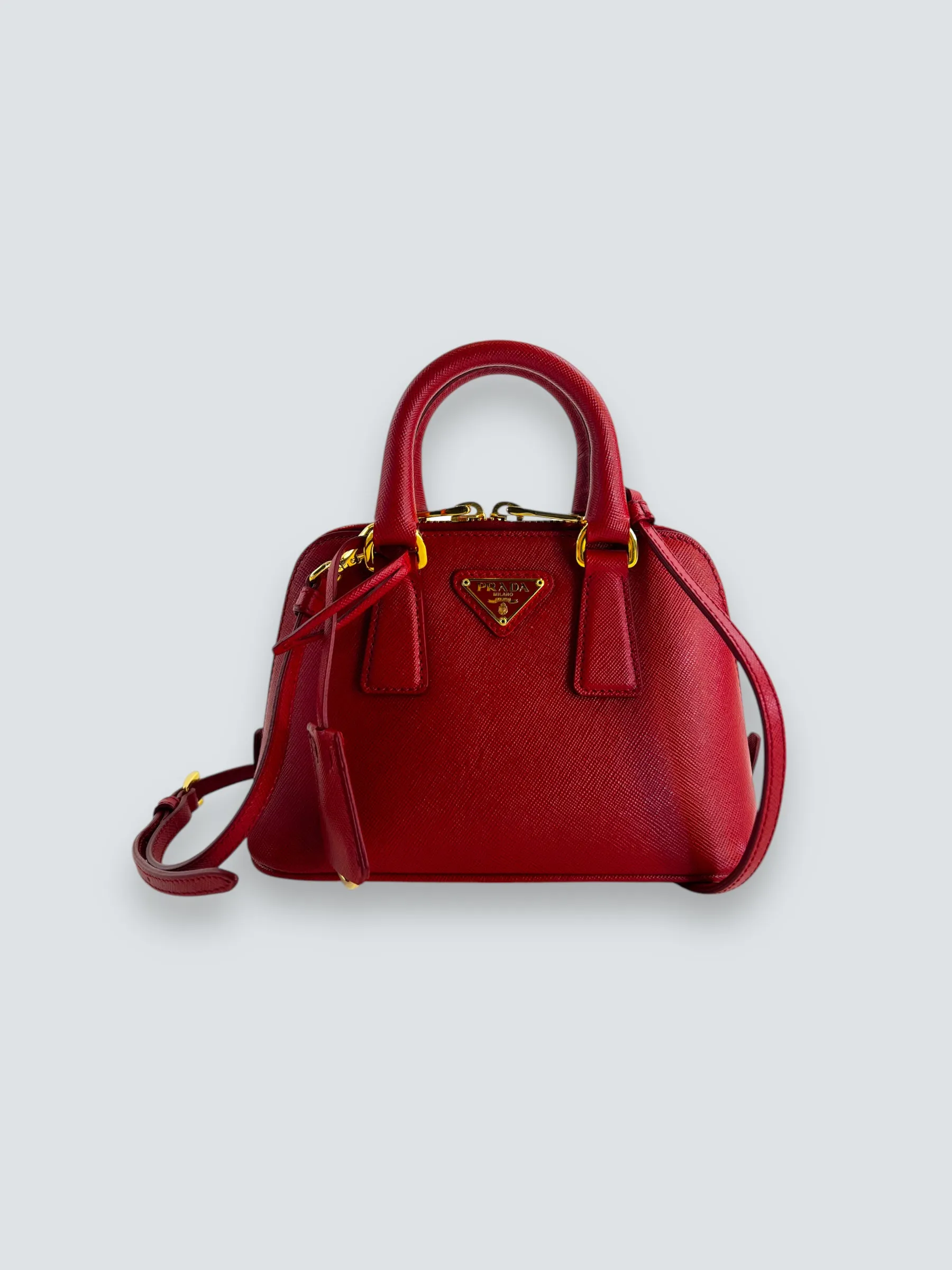 Prada Red Saffiano Leather Mini Double Zip Crossbody