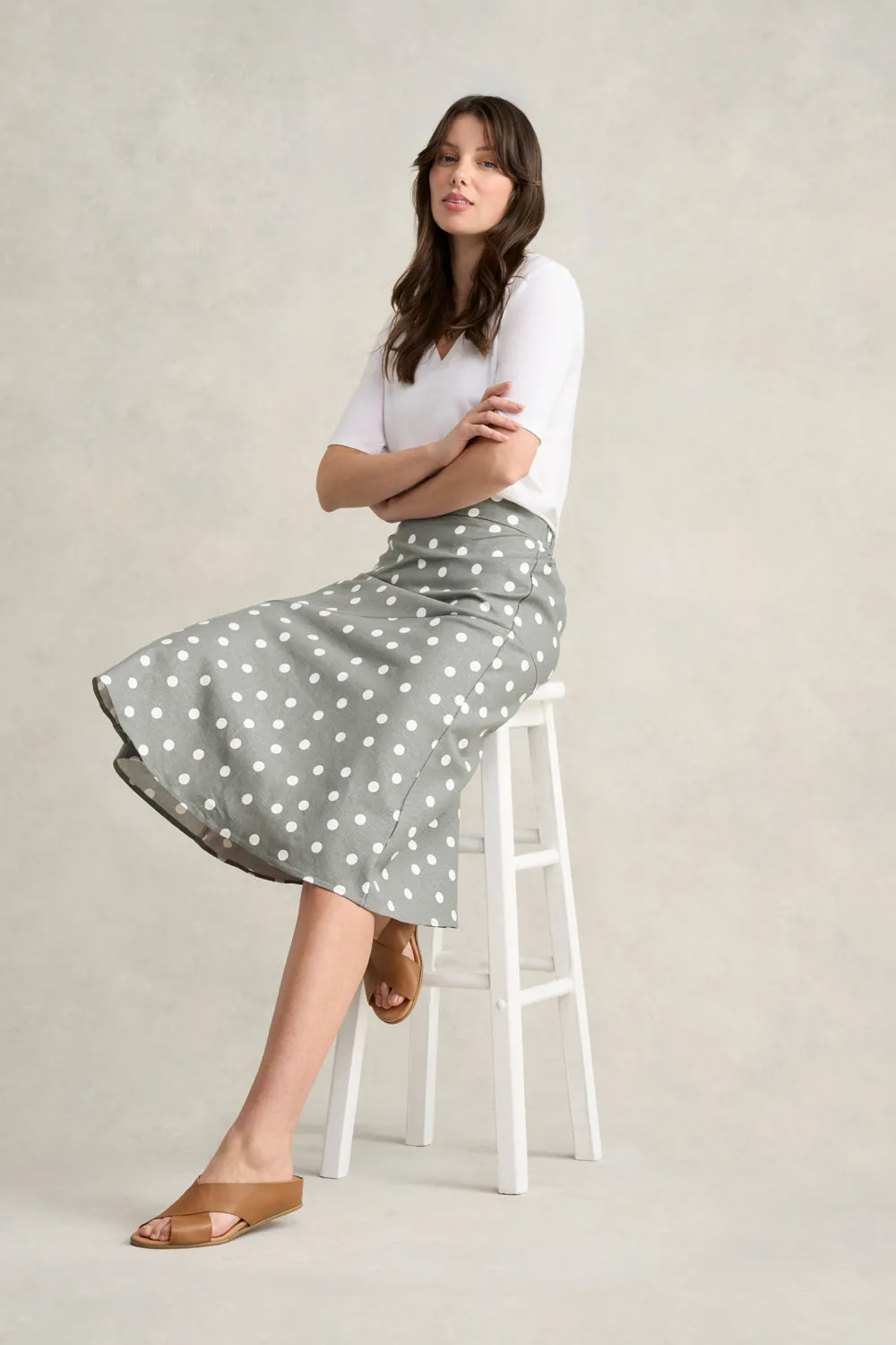 Printed Linen Skirt - Olive Polka Dot