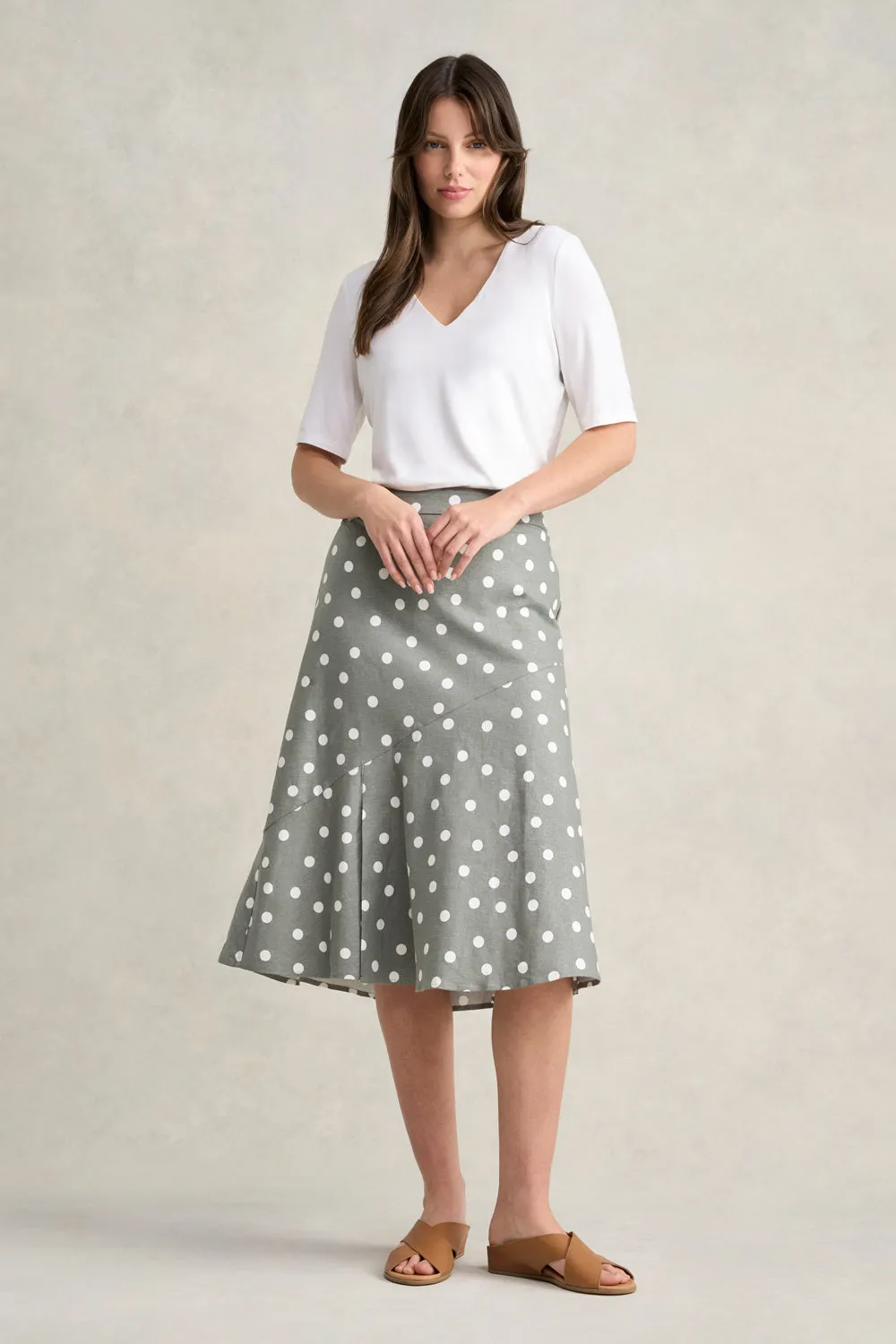 Printed Linen Skirt - Olive Polka Dot