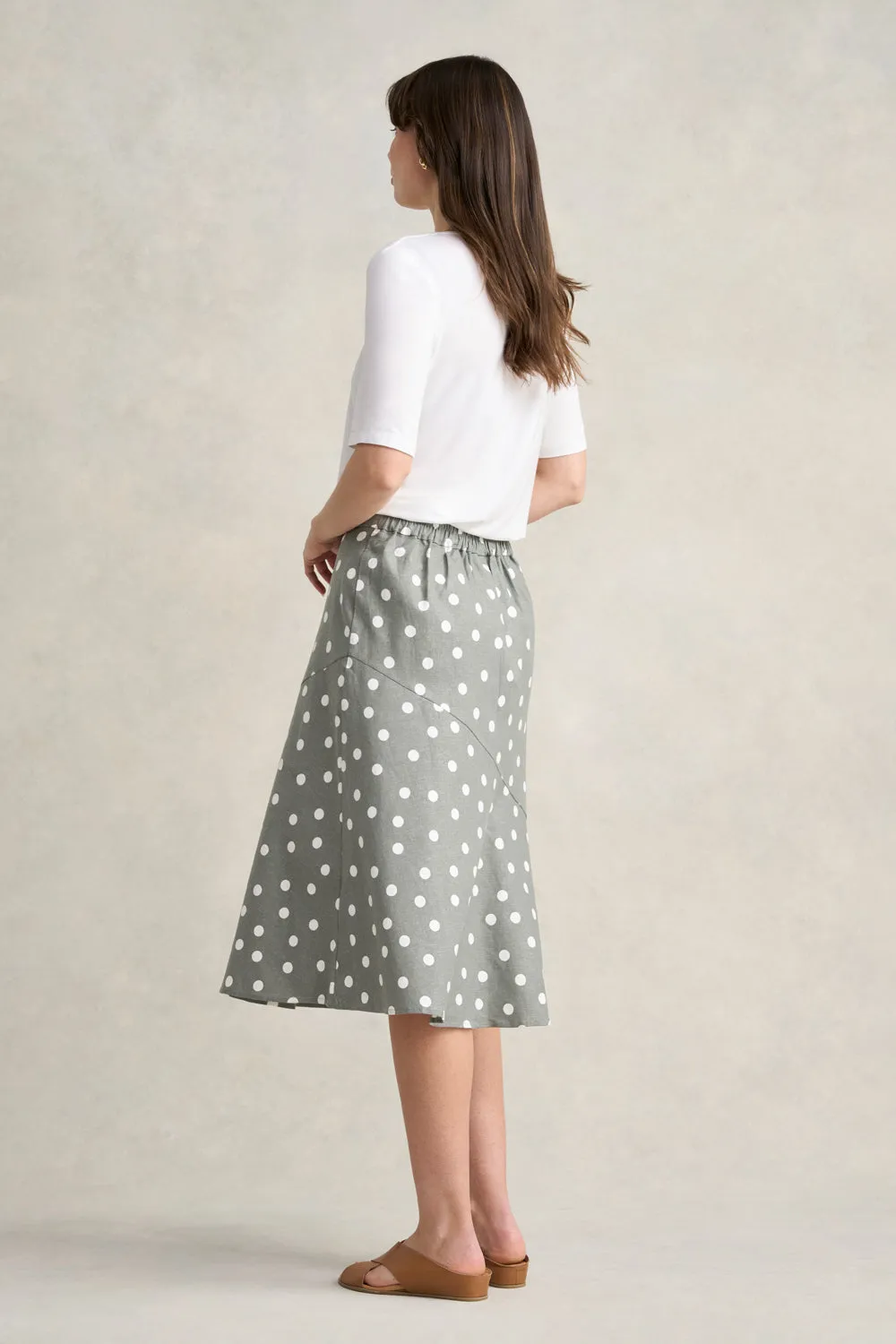 Printed Linen Skirt - Olive Polka Dot