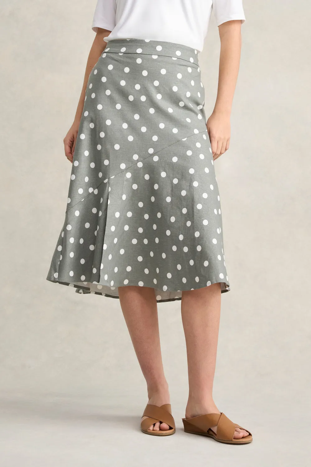Printed Linen Skirt - Olive Polka Dot