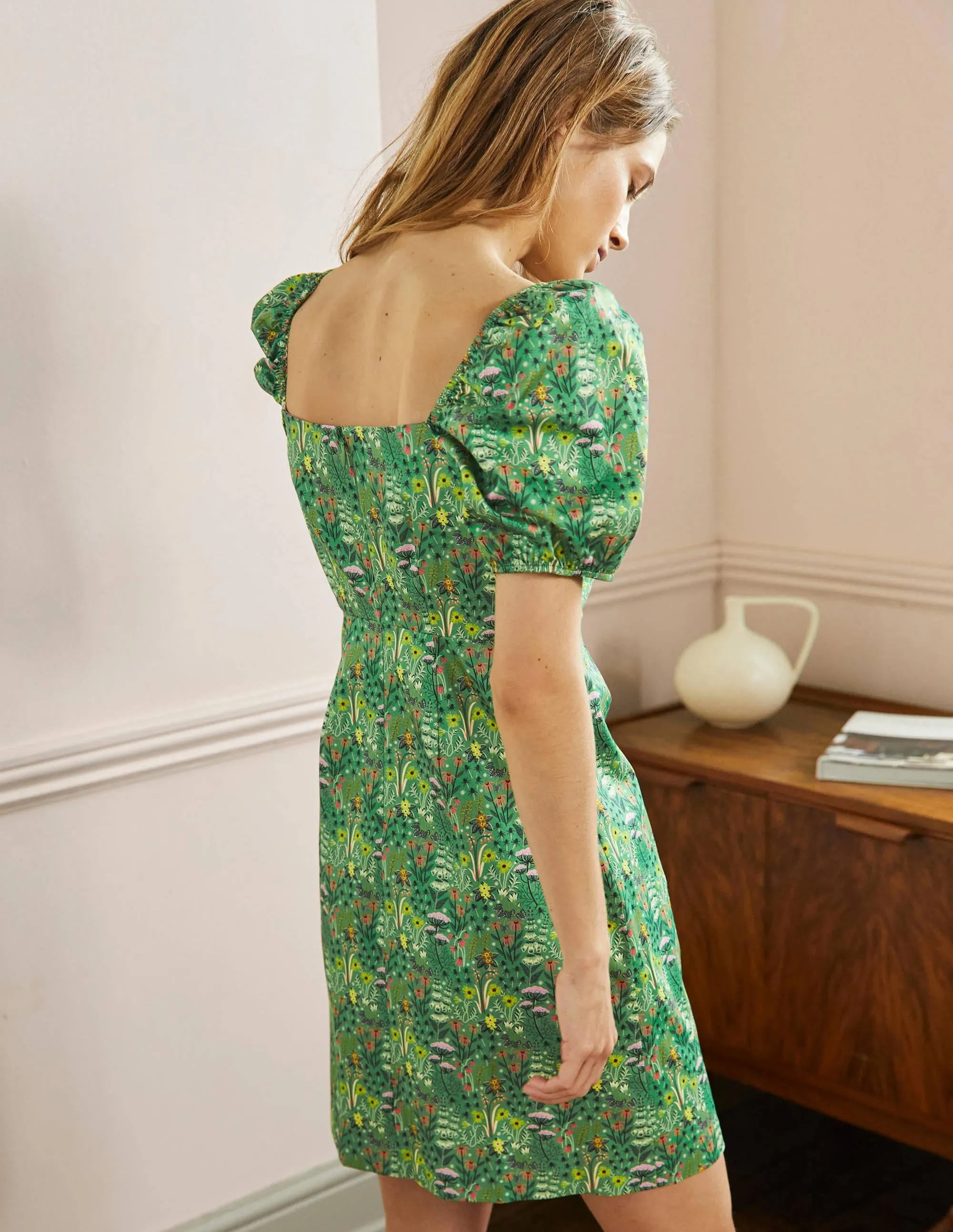 Puff Sleeve Mini Dress-Rich Emerald. Wildflower Bloom