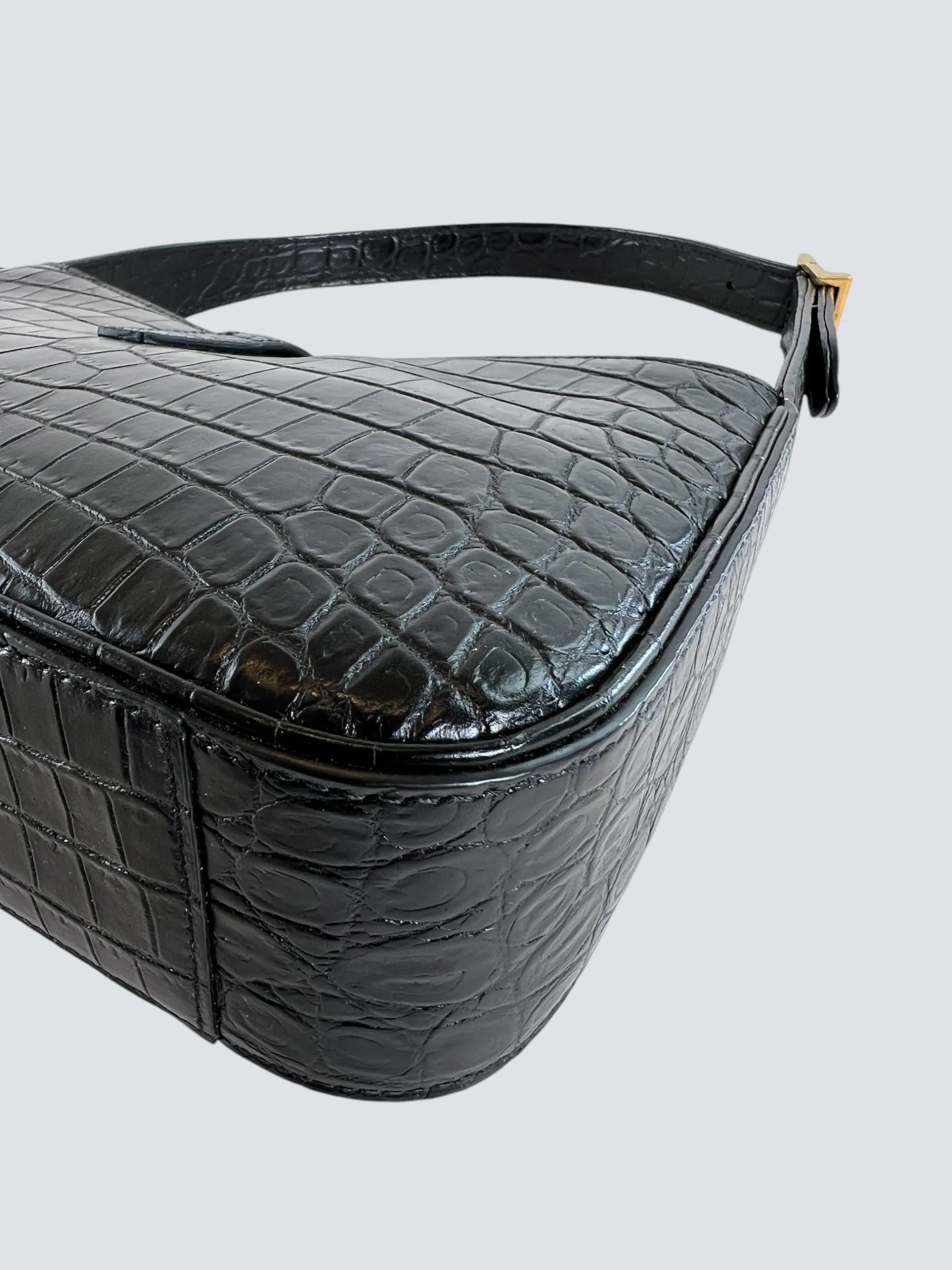 Saint Laurent Black Croc Effect Leather Shoulder Bag
