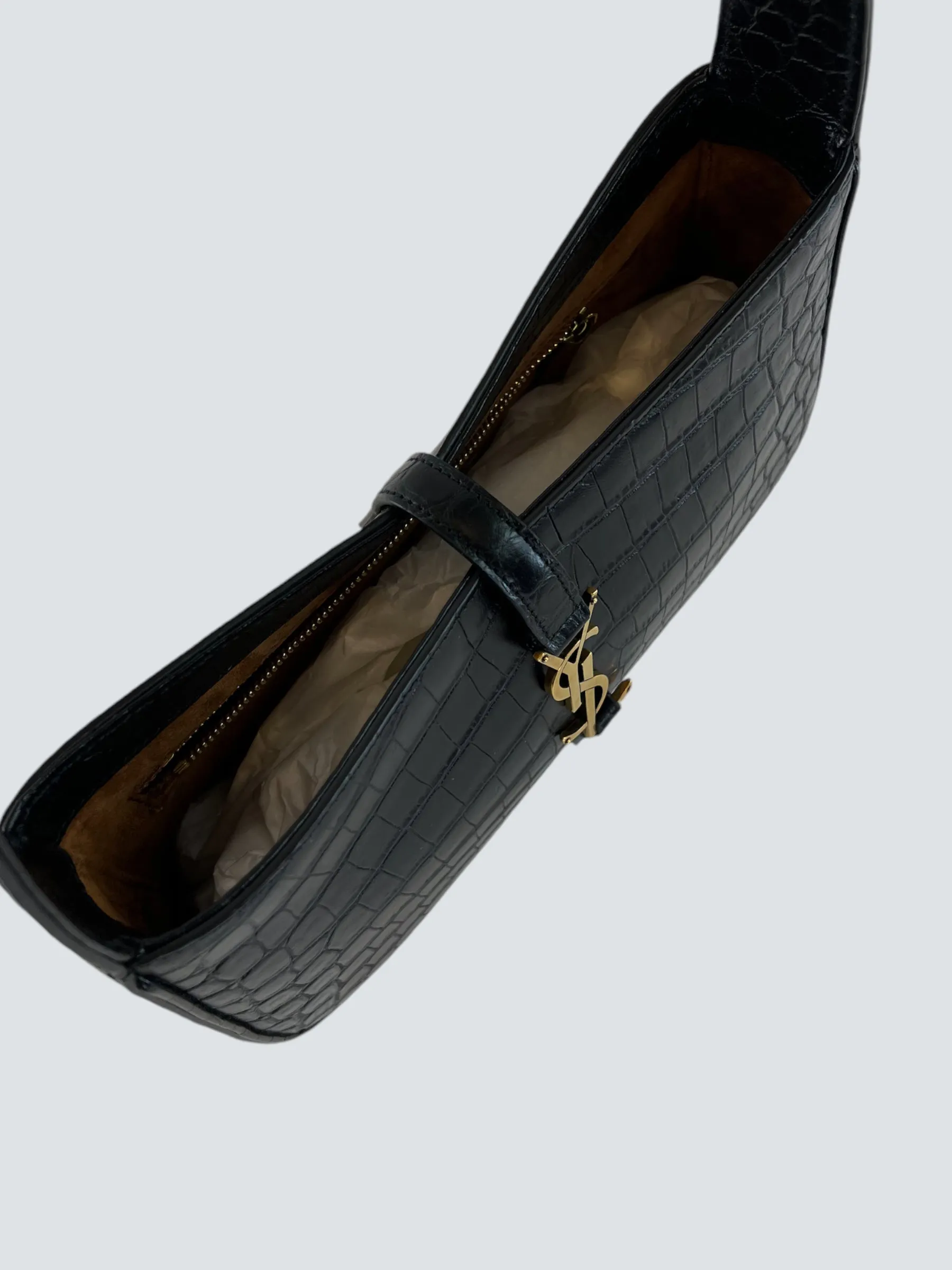 Saint Laurent Black Croc Effect Leather Shoulder Bag