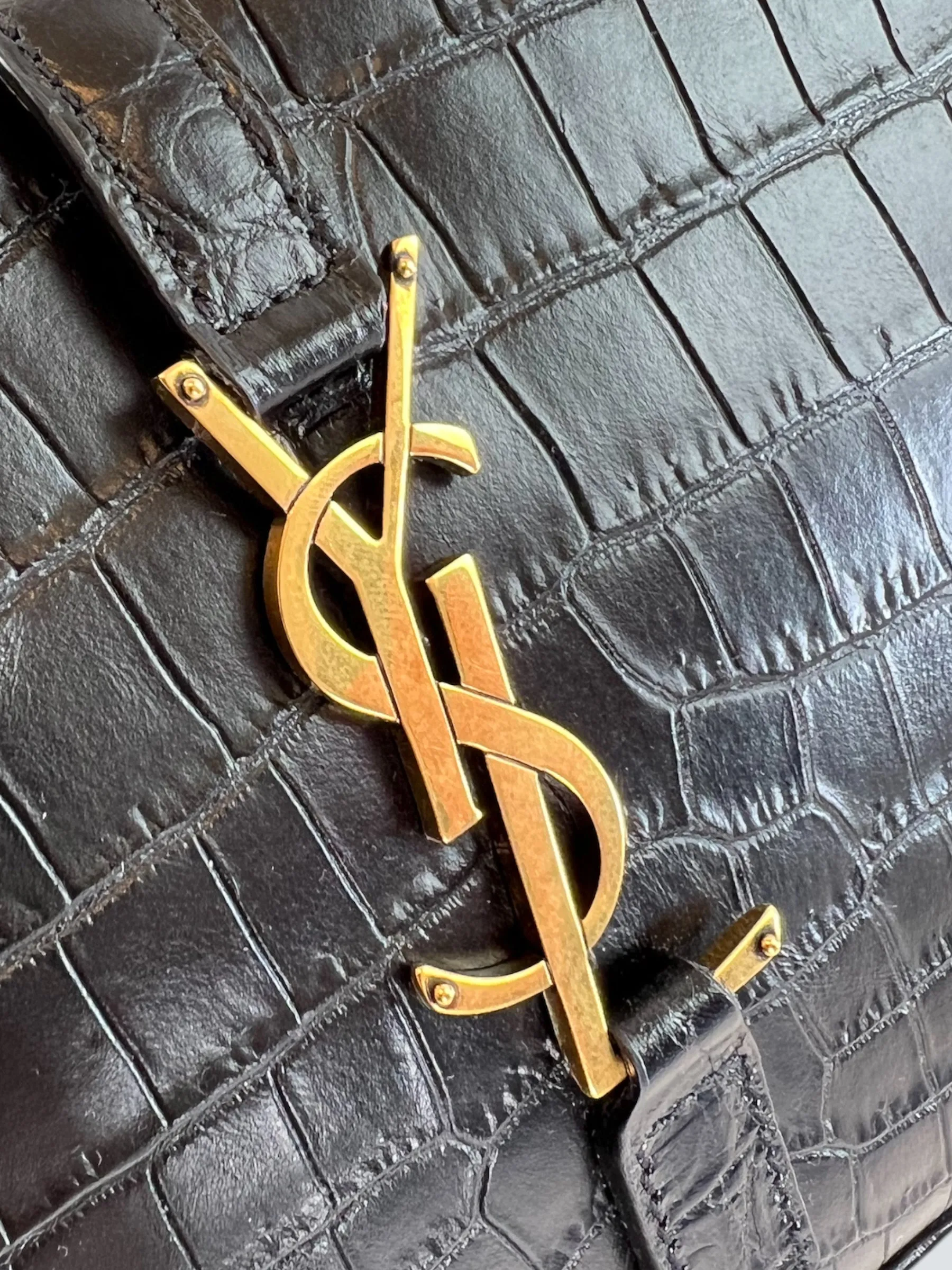 Saint Laurent Black Croc Effect Leather Shoulder Bag