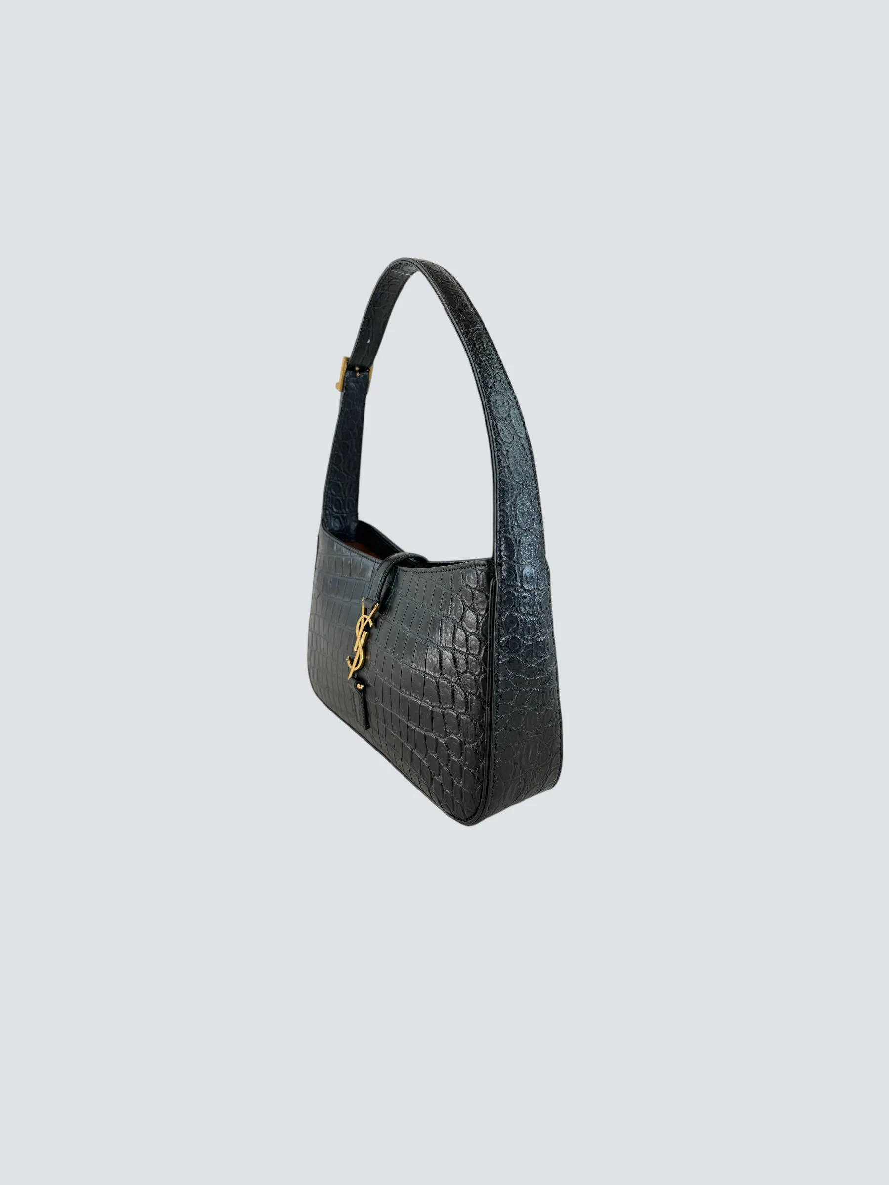 Saint Laurent Black Croc Effect Leather Shoulder Bag