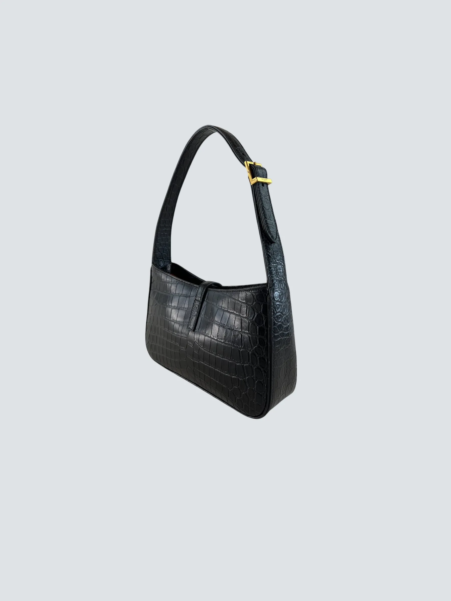 Saint Laurent Black Croc Effect Leather Shoulder Bag