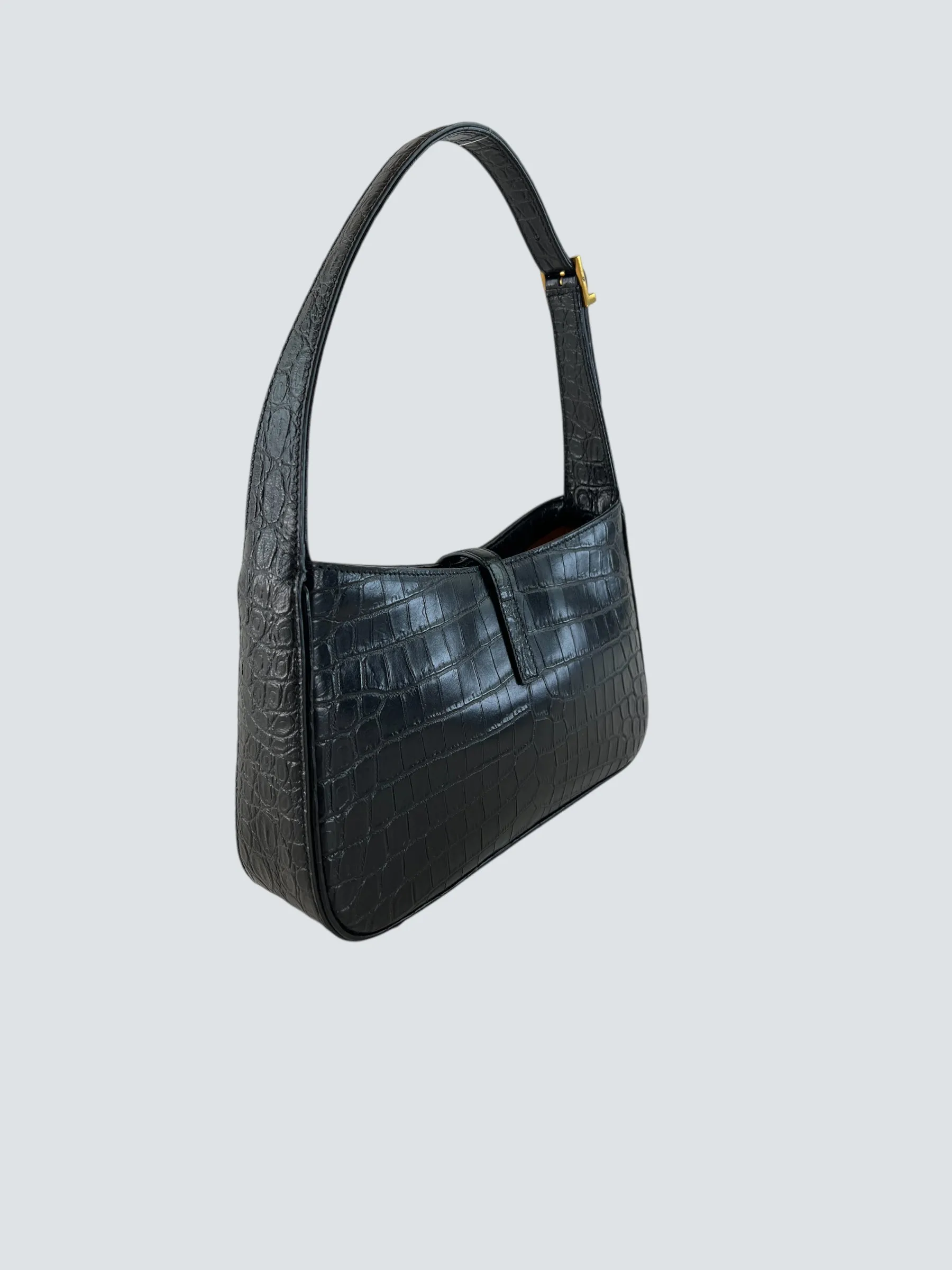 Saint Laurent Black Croc Effect Leather Shoulder Bag