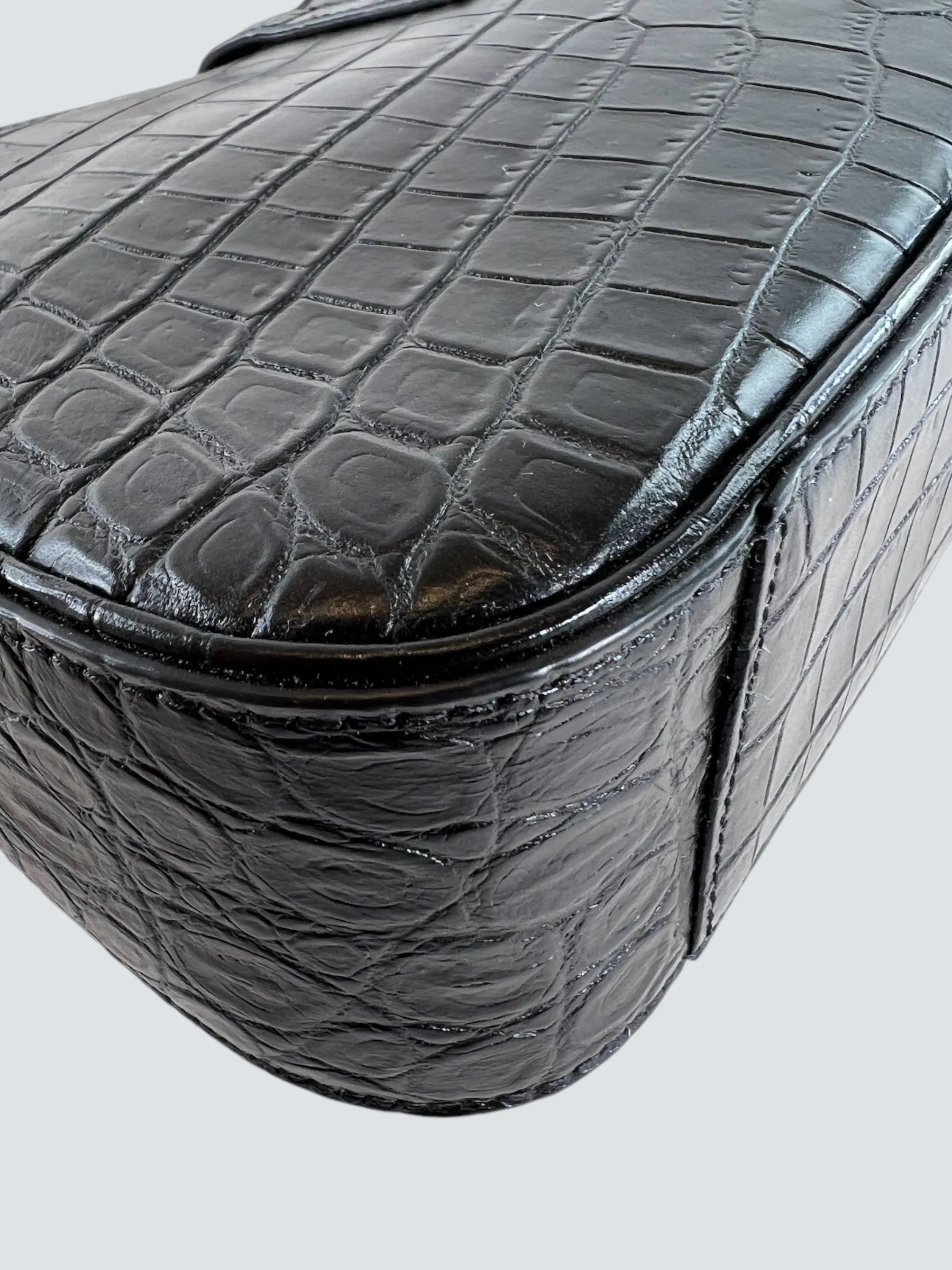 Saint Laurent Black Croc Effect Leather Shoulder Bag