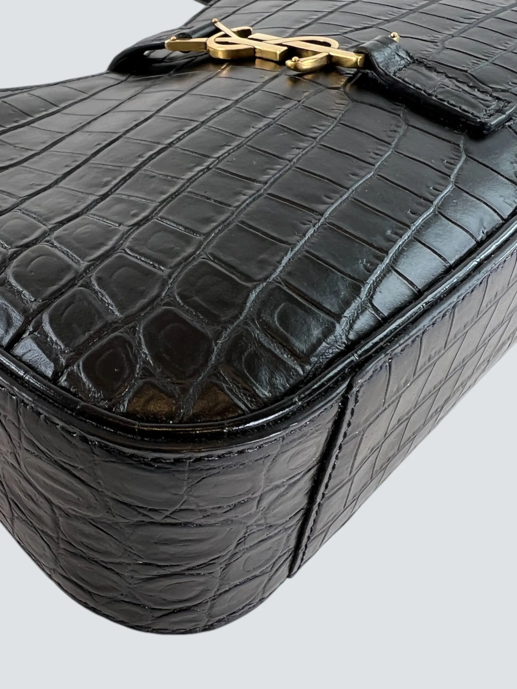 Saint Laurent Black Croc Effect Leather Shoulder Bag